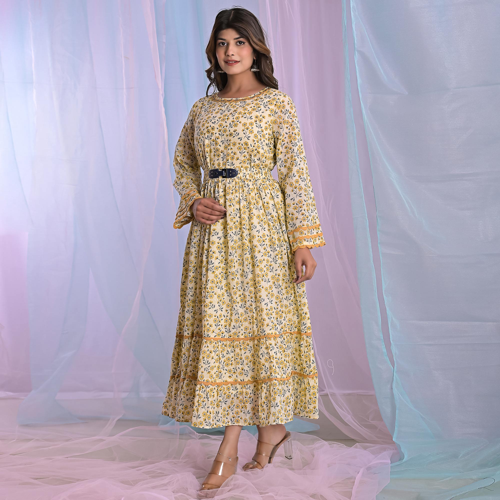 Yellow Floral Printed Pure Cotton Dress With Belt