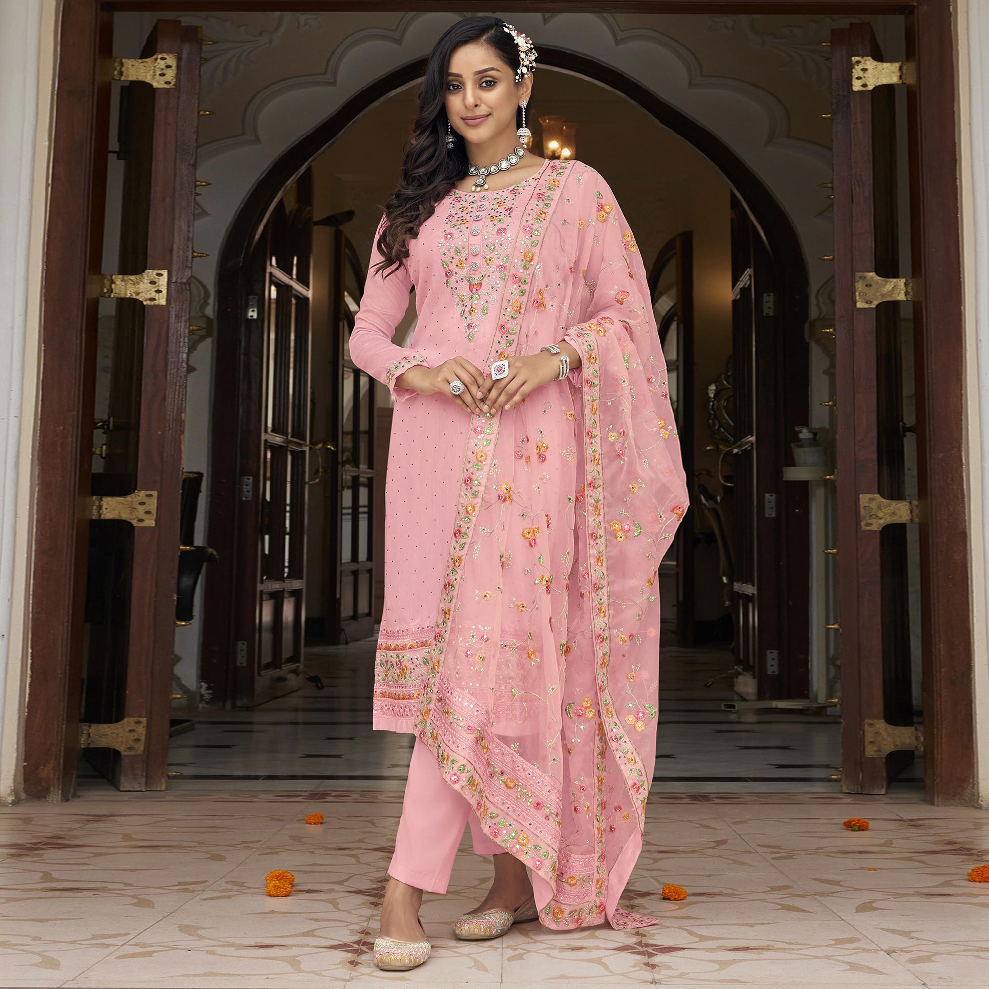 Pink Floral Embroidered Georgette Salwar Suit