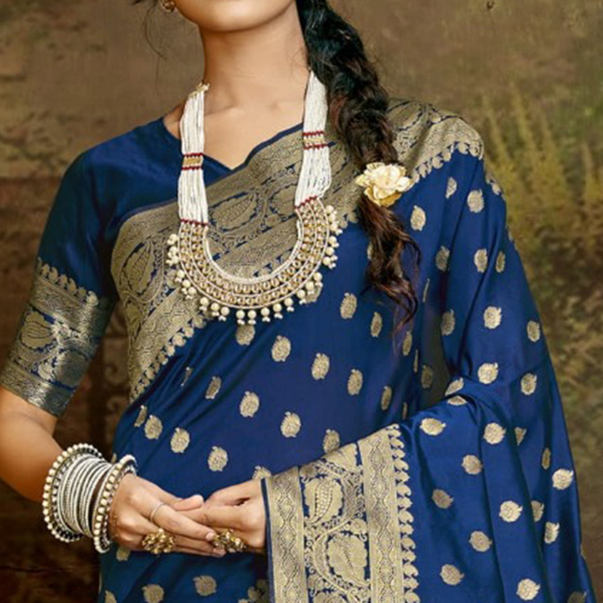 Blue Woven Banarasi Silk Saree With Tassels