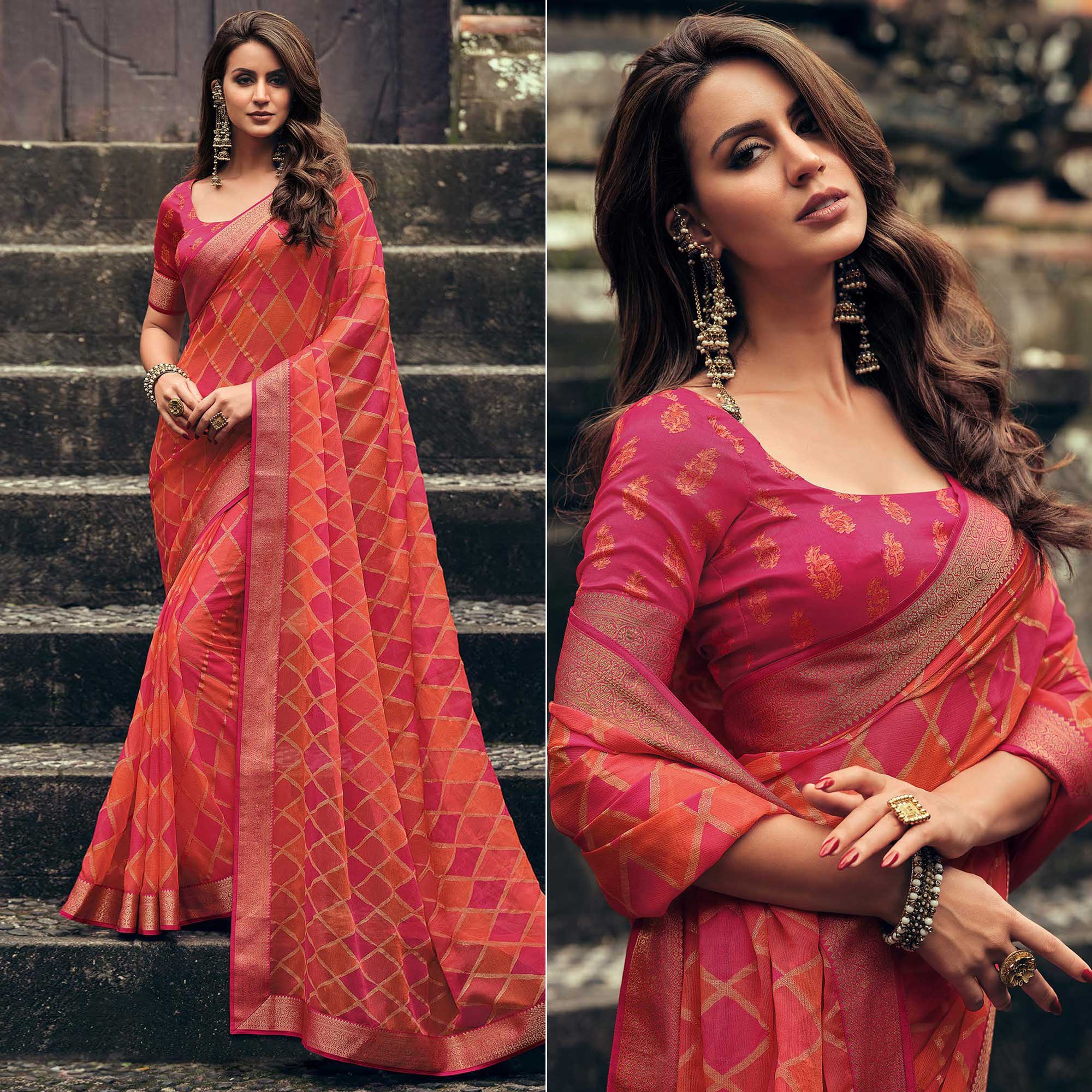 Peach & Pink Foil Printed Chiffon Saree