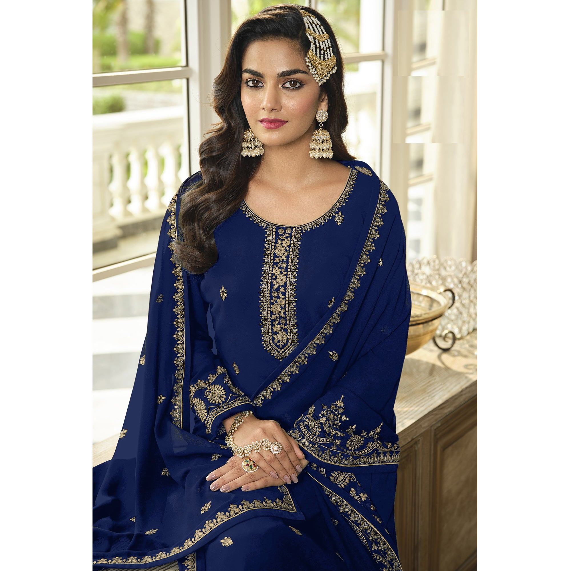 Blue Floral Embroidered Georgette Sharara Suit