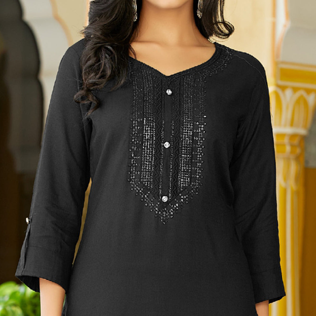 Black Embroidered Rayon Kurti