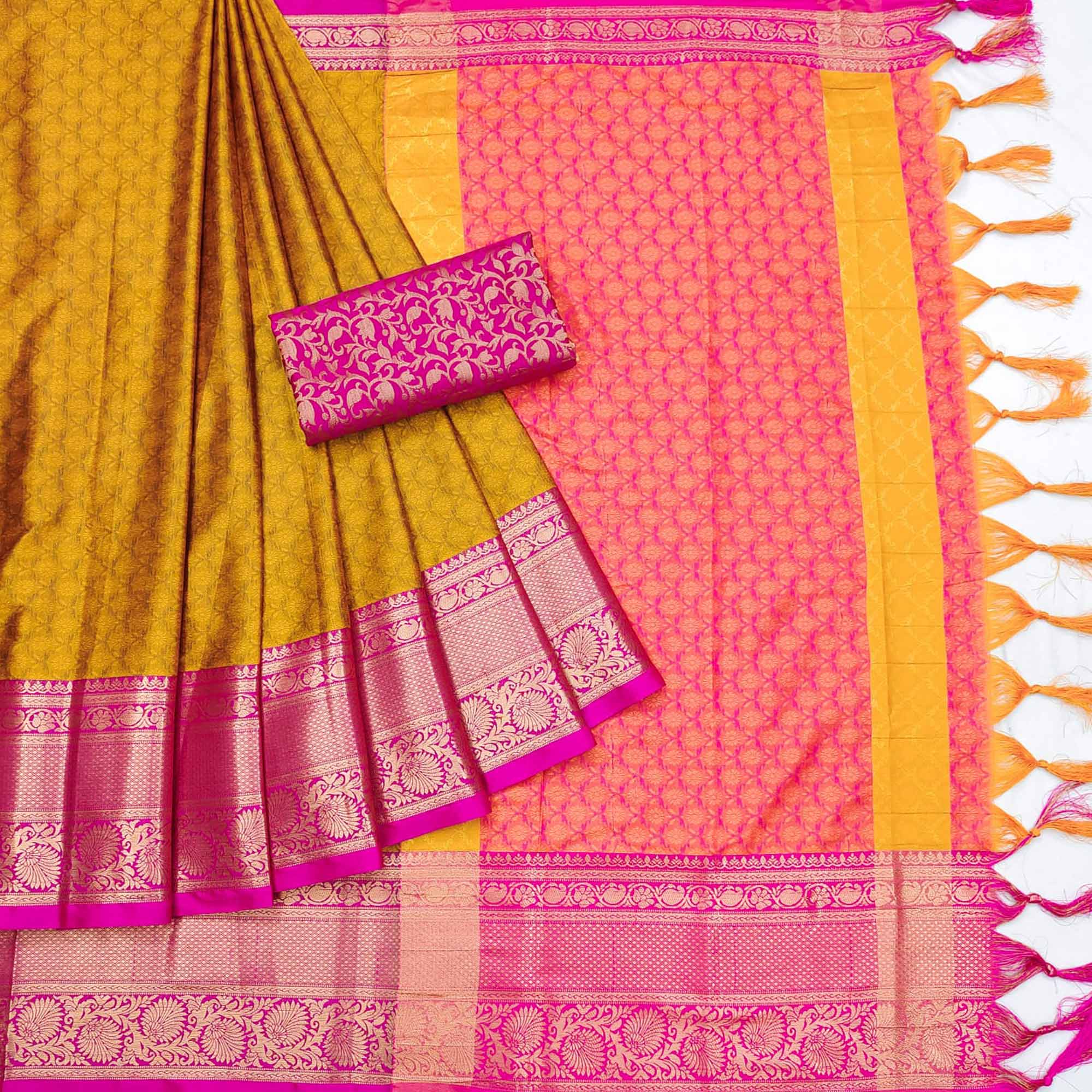 Golden Printed And Woven Cotton Silk Saree With Tassels