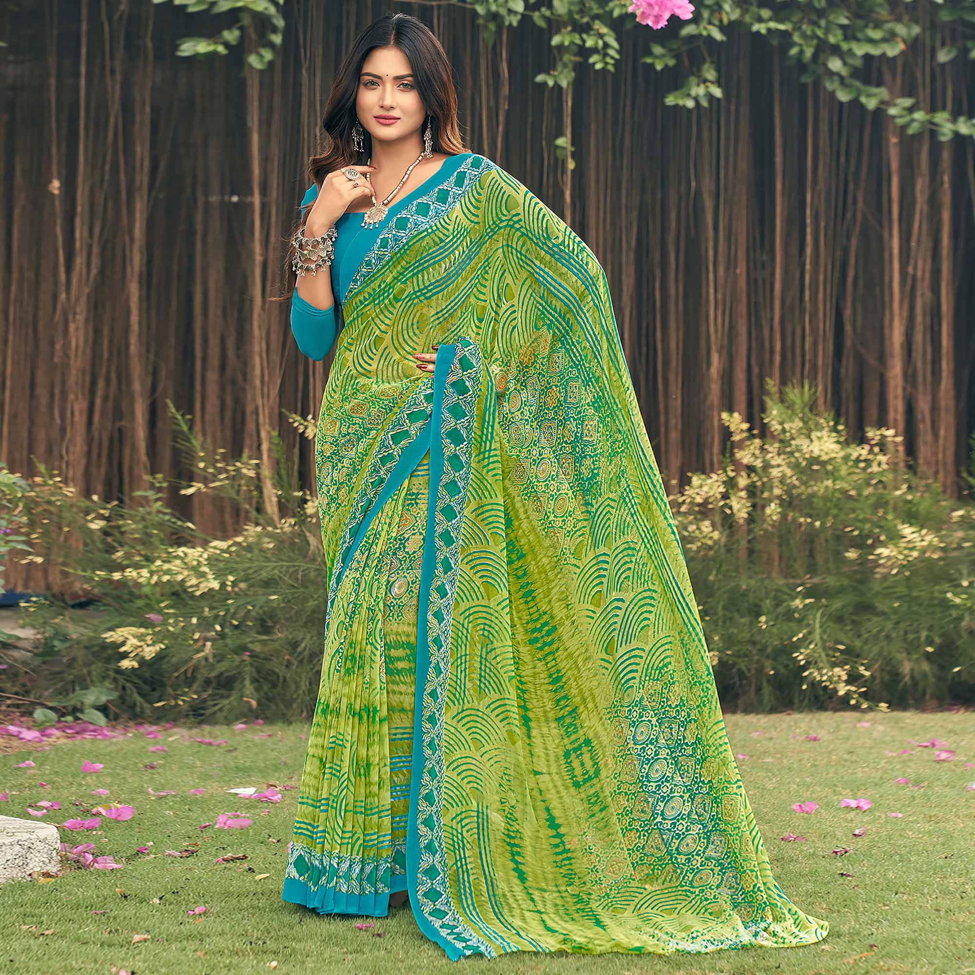 Green Geometric Printed Georgette Saree