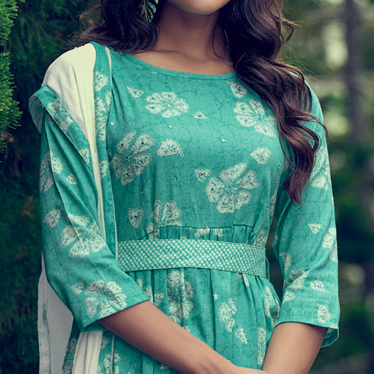 Aqua Green Printed With Mirror Work Rayon Naira Cut Suit