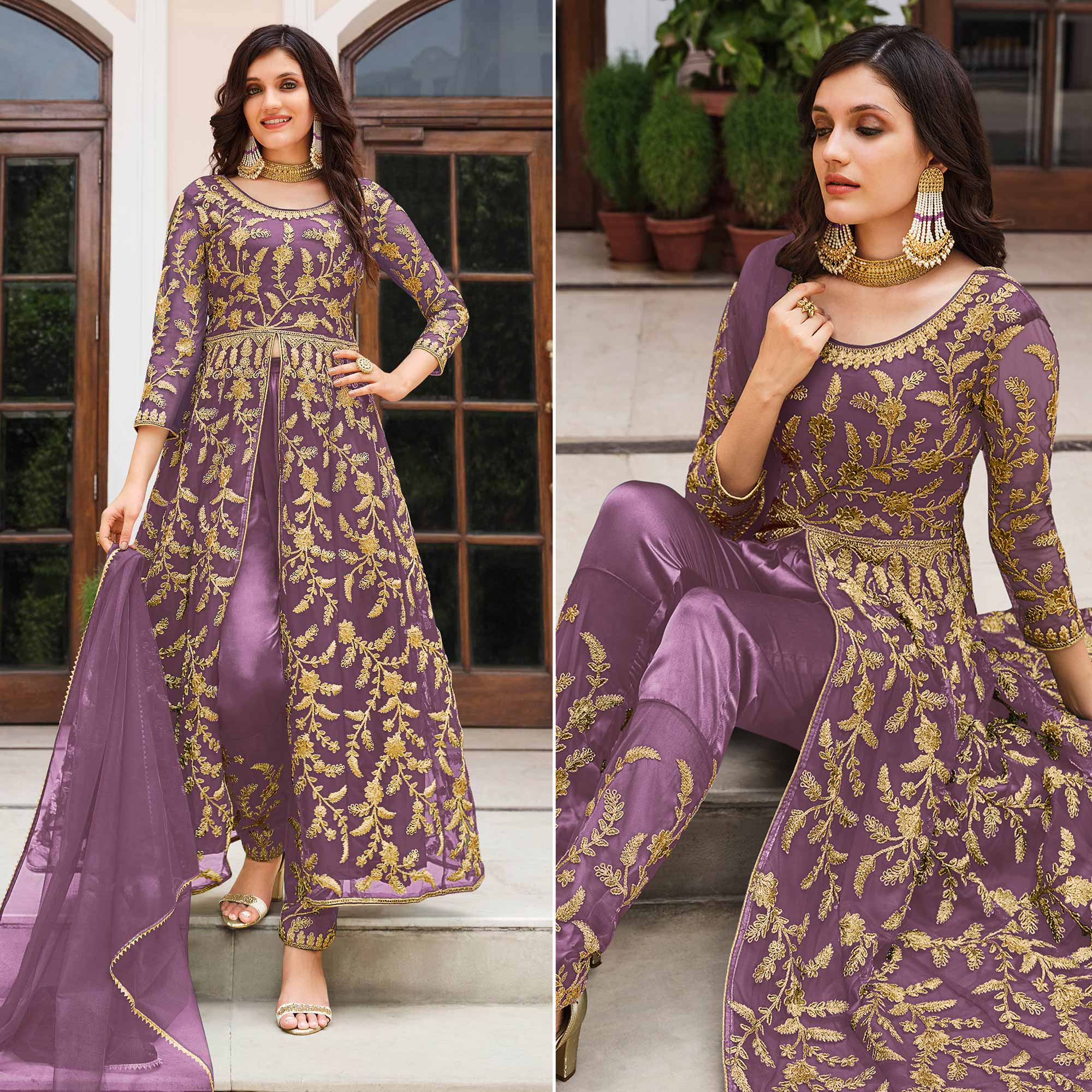 Light Purple Floral Embroidered Net Suit