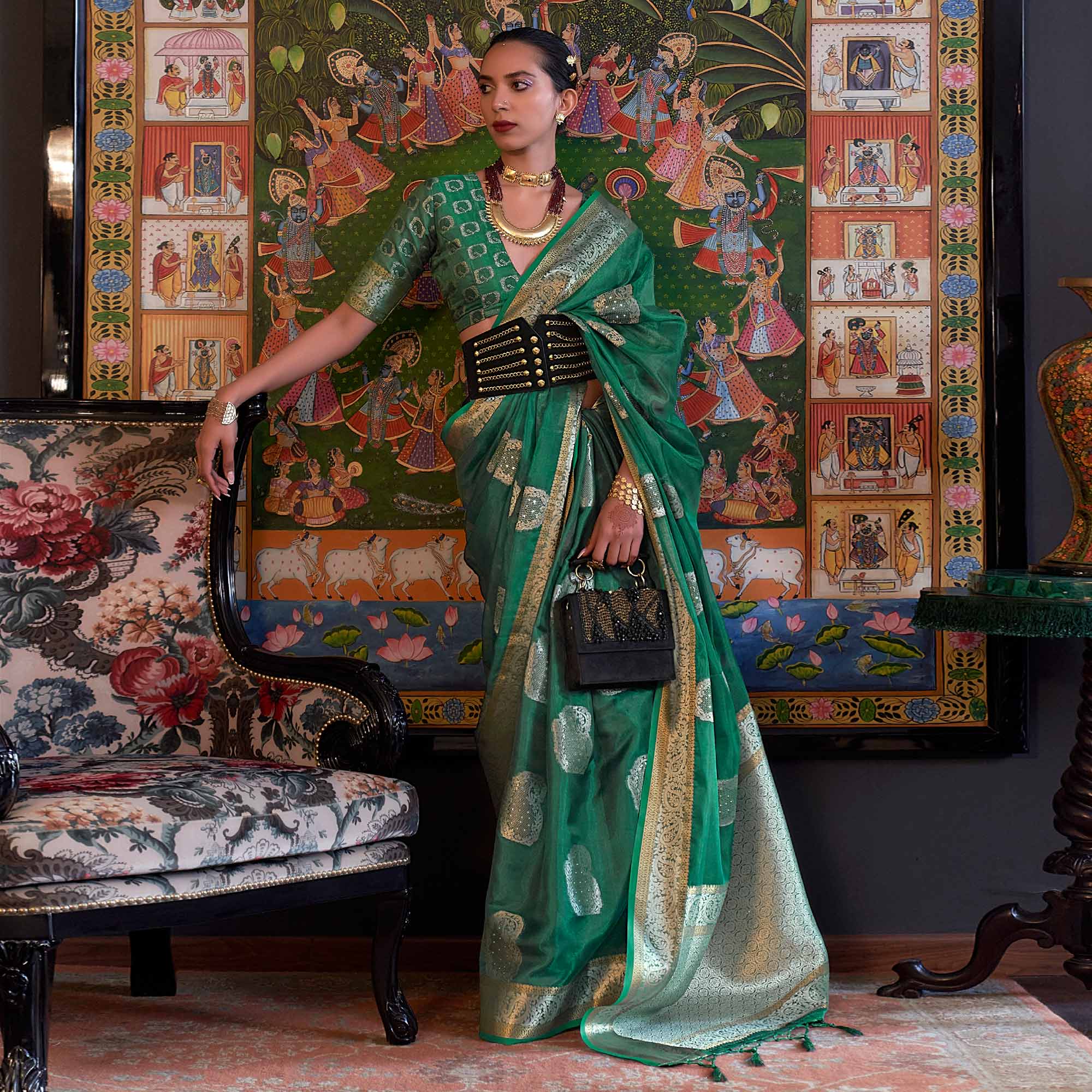 Green Woven Organza Saree With Tassels