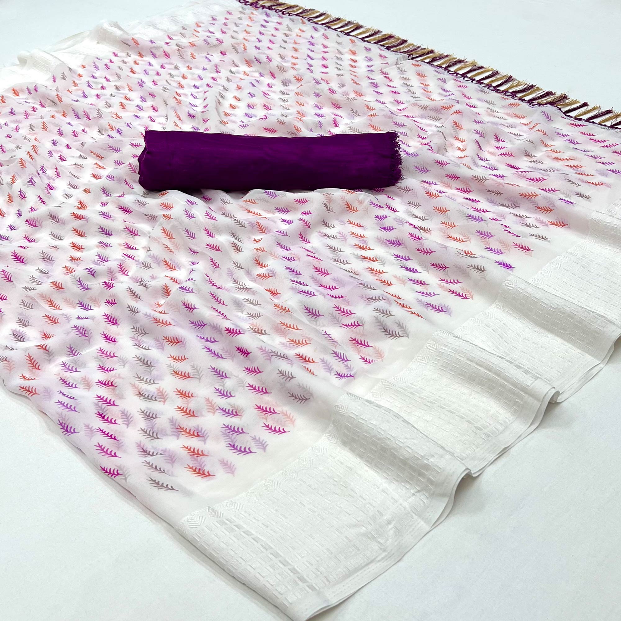 White Printed With Checks Border Georgette Saree