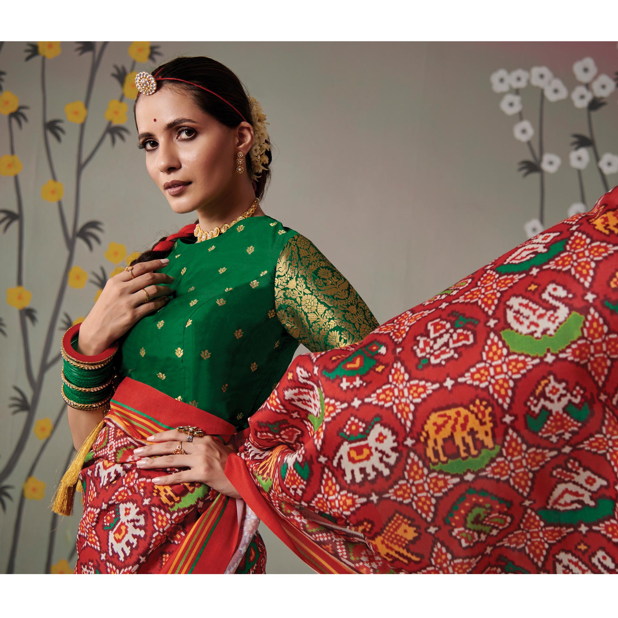 Red Printed Patola Art Silk Saree With Tassels