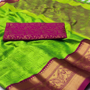 Parrot Green Woven Cotton Silk Saree With Tassels