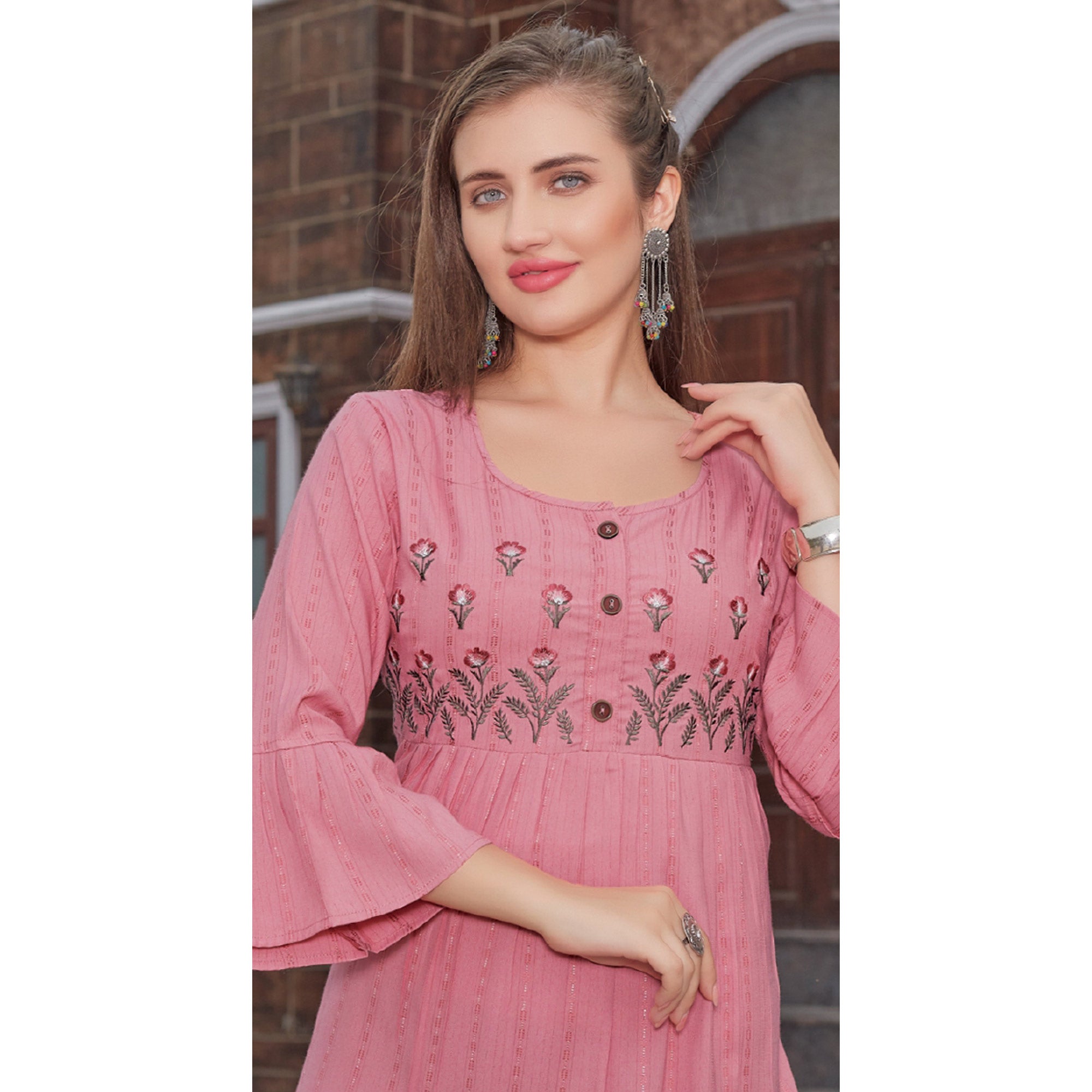 Pink Floral Embroidered Rayon Naira Cut Kurti