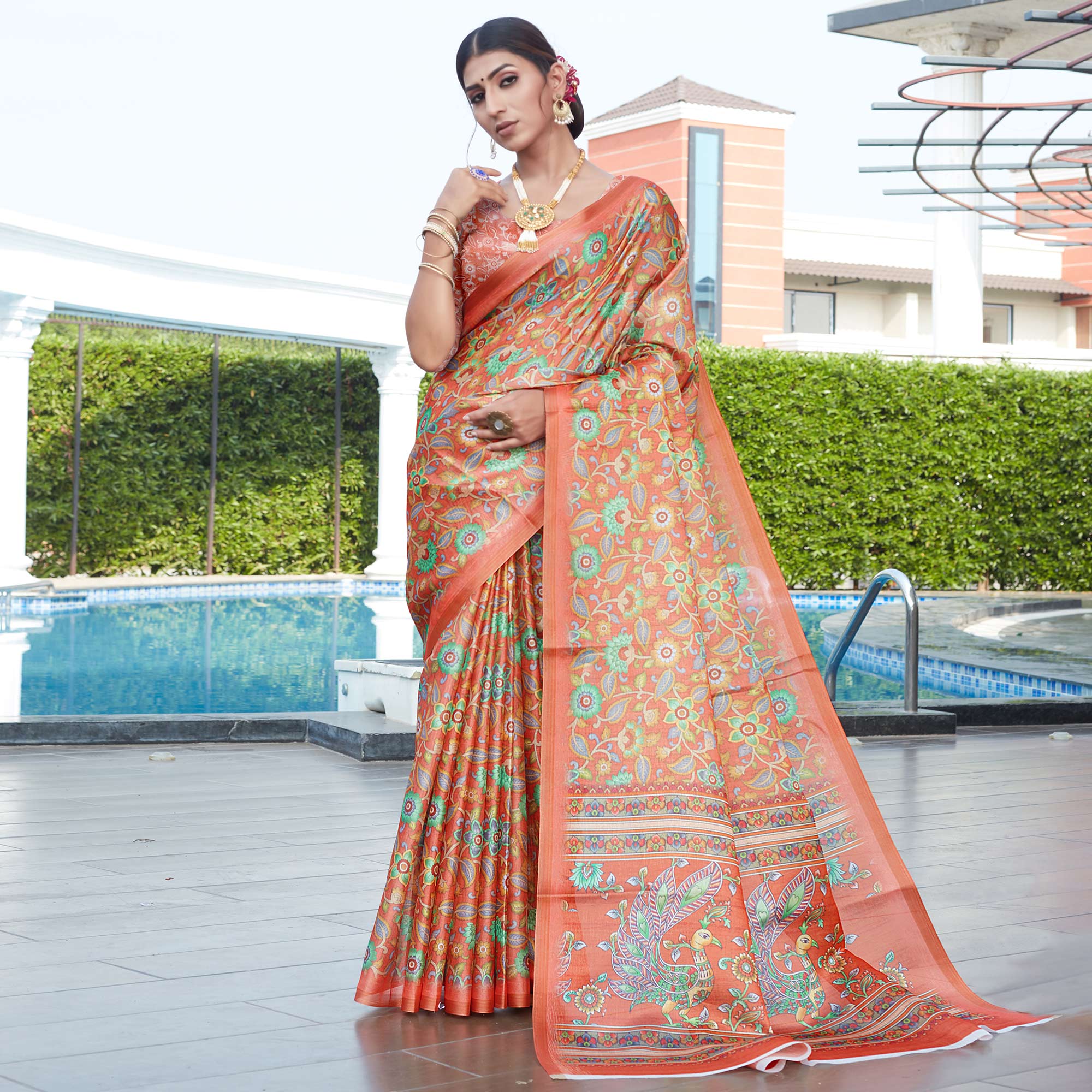 Peach Floral Digital Printed Cotton Silk Saree