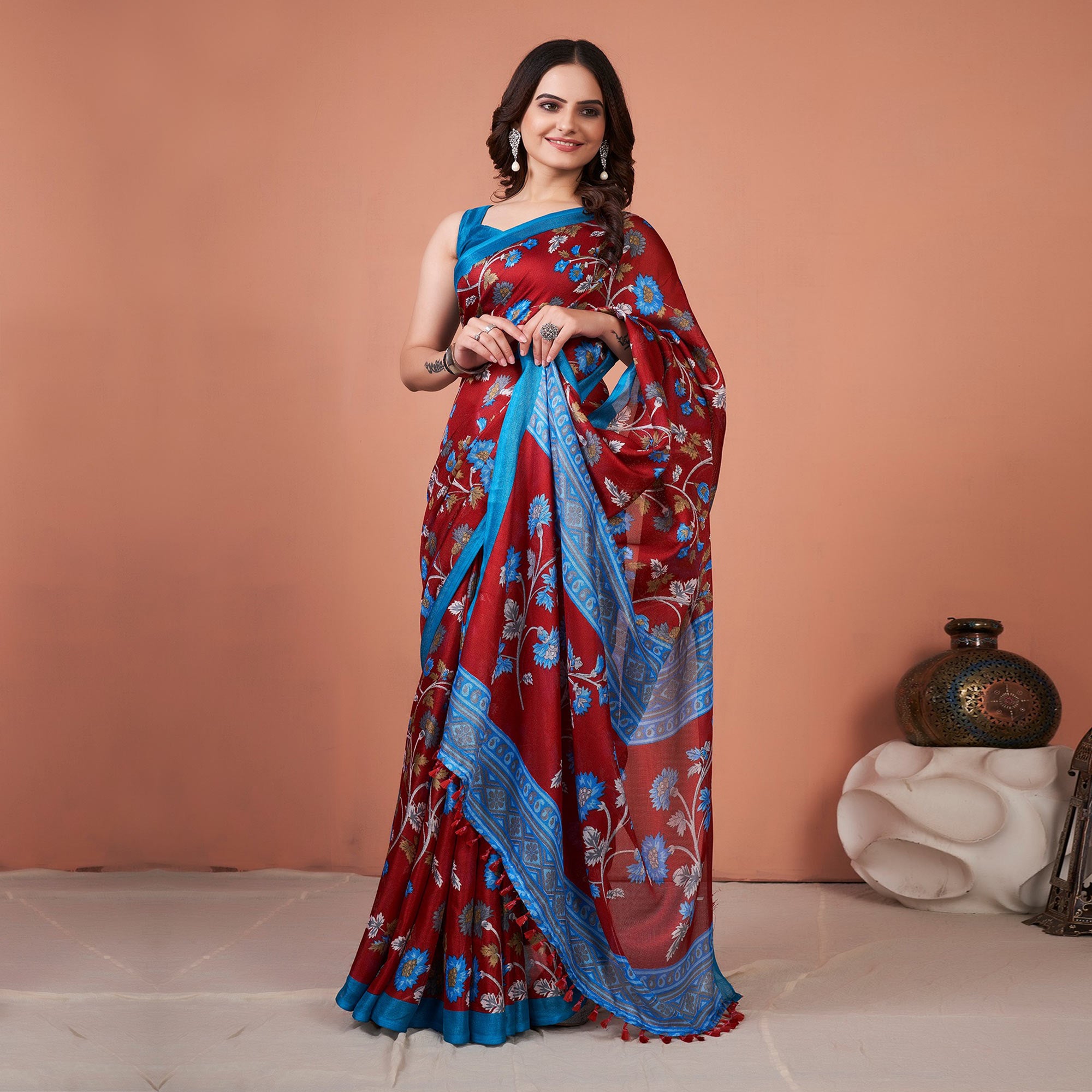 Red Floral Printed Jute Saree With Tassels