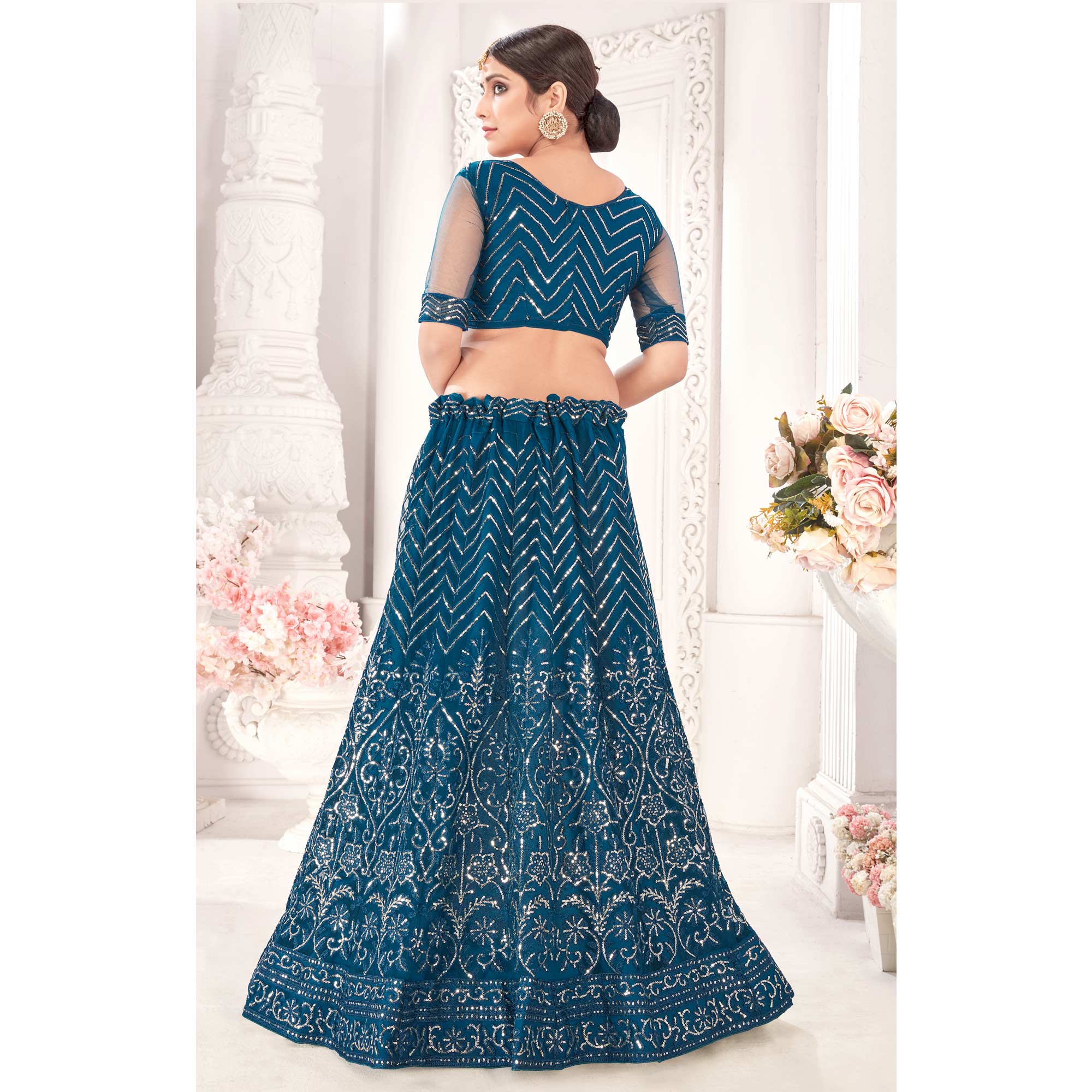 Teal Blue Sequins Embroidered Netted Lehenga Choli