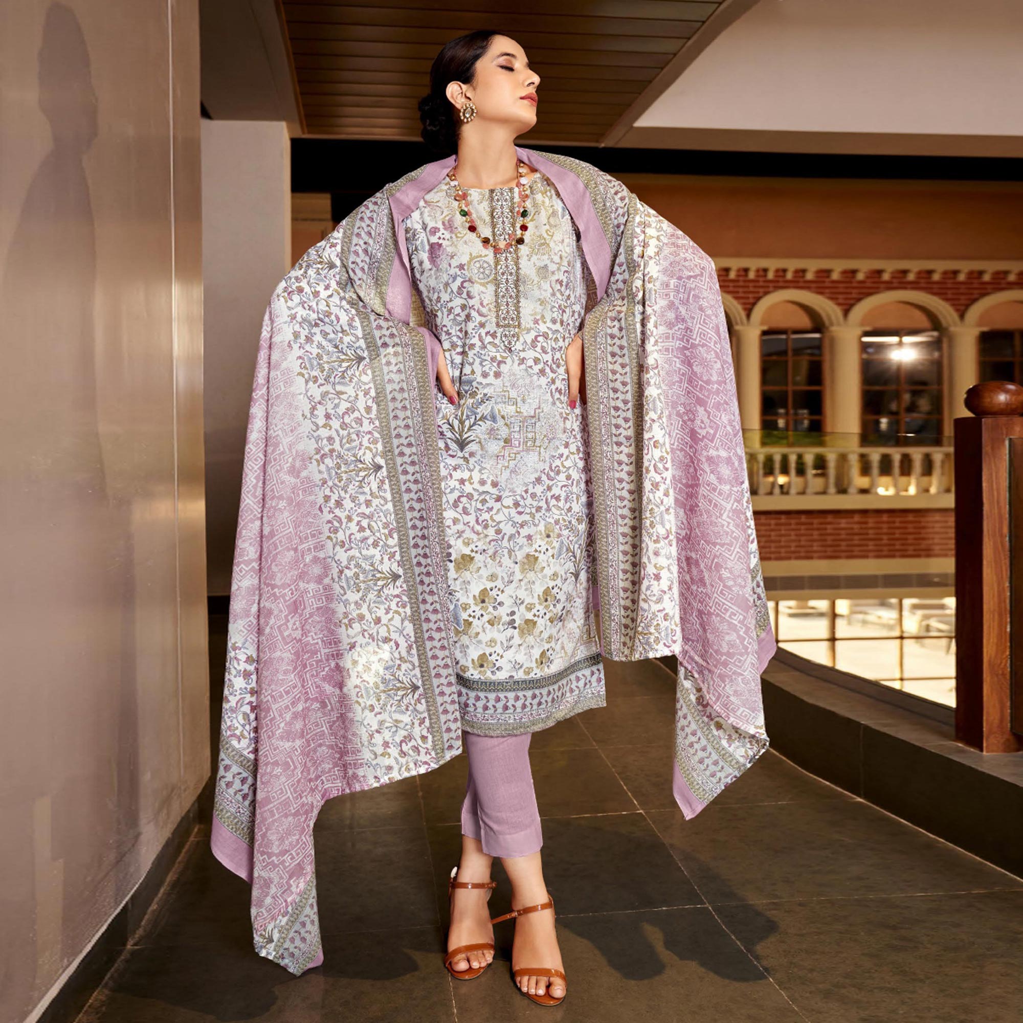 White & Purple Floral Print With Embroidered Pure Cotton Salwar Suit