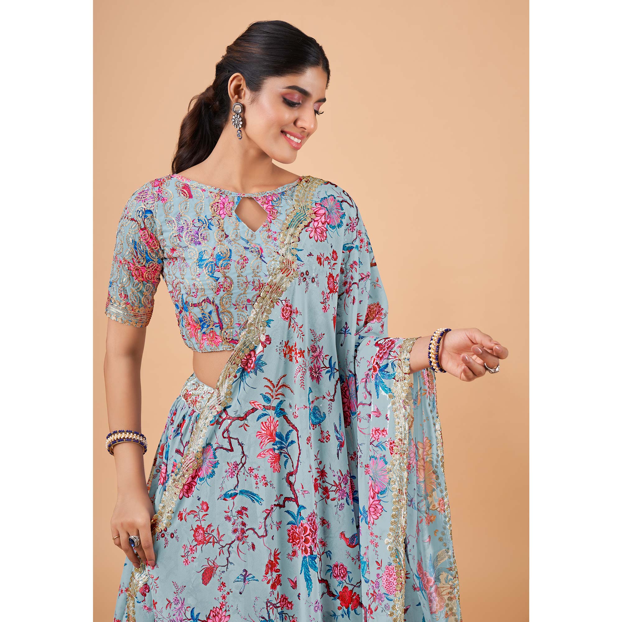 Light Blue Floral Printed And Sequins Work Georgette Lehenga Choli