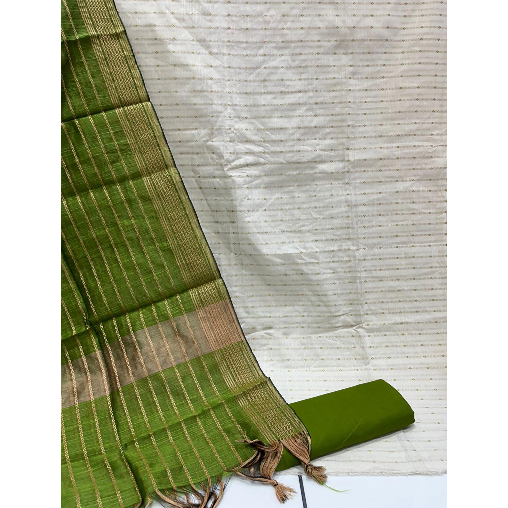 White-Green Woven Cotton Blend Dress Material