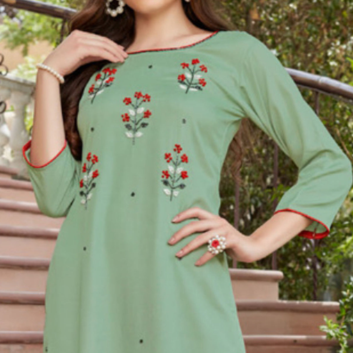 Green Embroidered Rayon Kurti