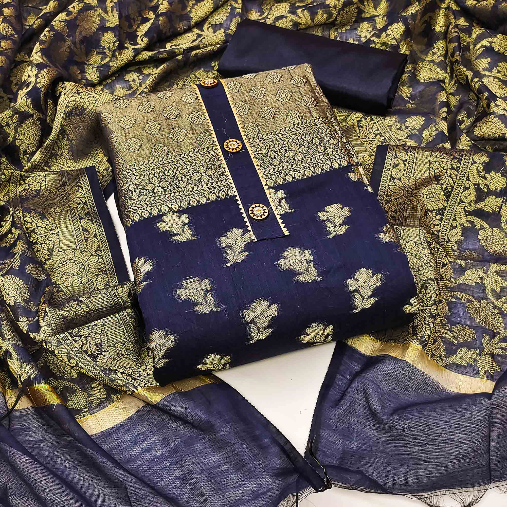 Navy Blue Floral Woven Banarasi Silk Dress Material