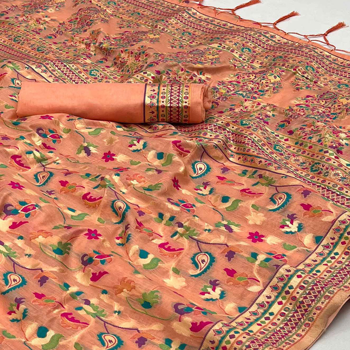 Peach Floral Woven Chanderi Saree