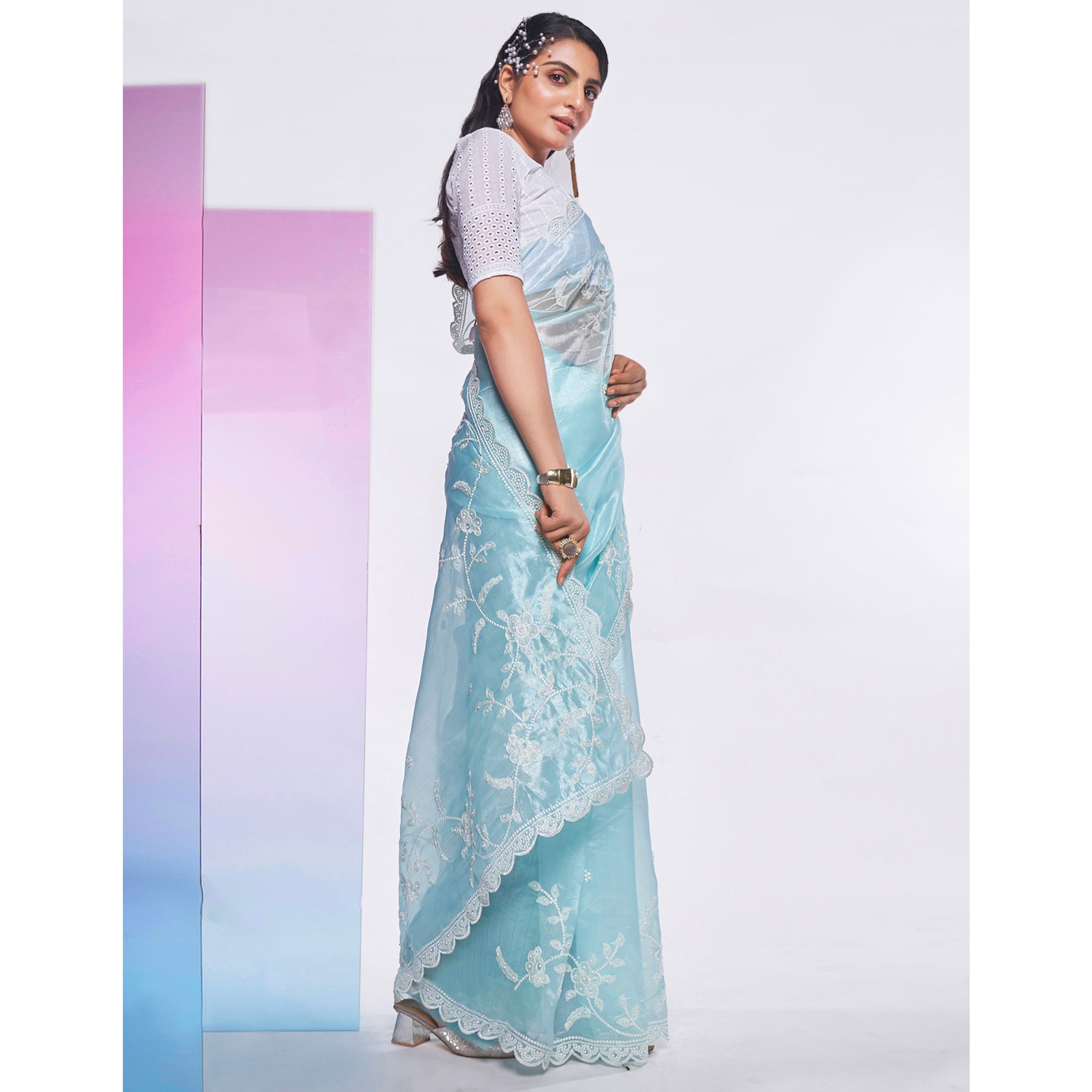 Blue Floral Embroidered Organza Saree