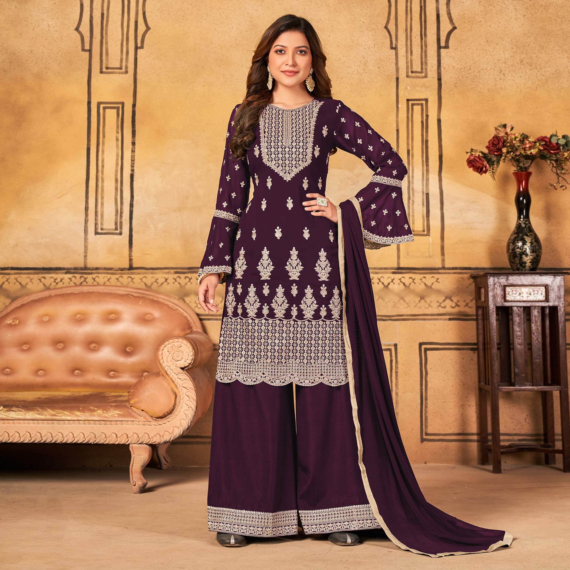 Wine Floral Embroidered Georgette Palazzo Suit