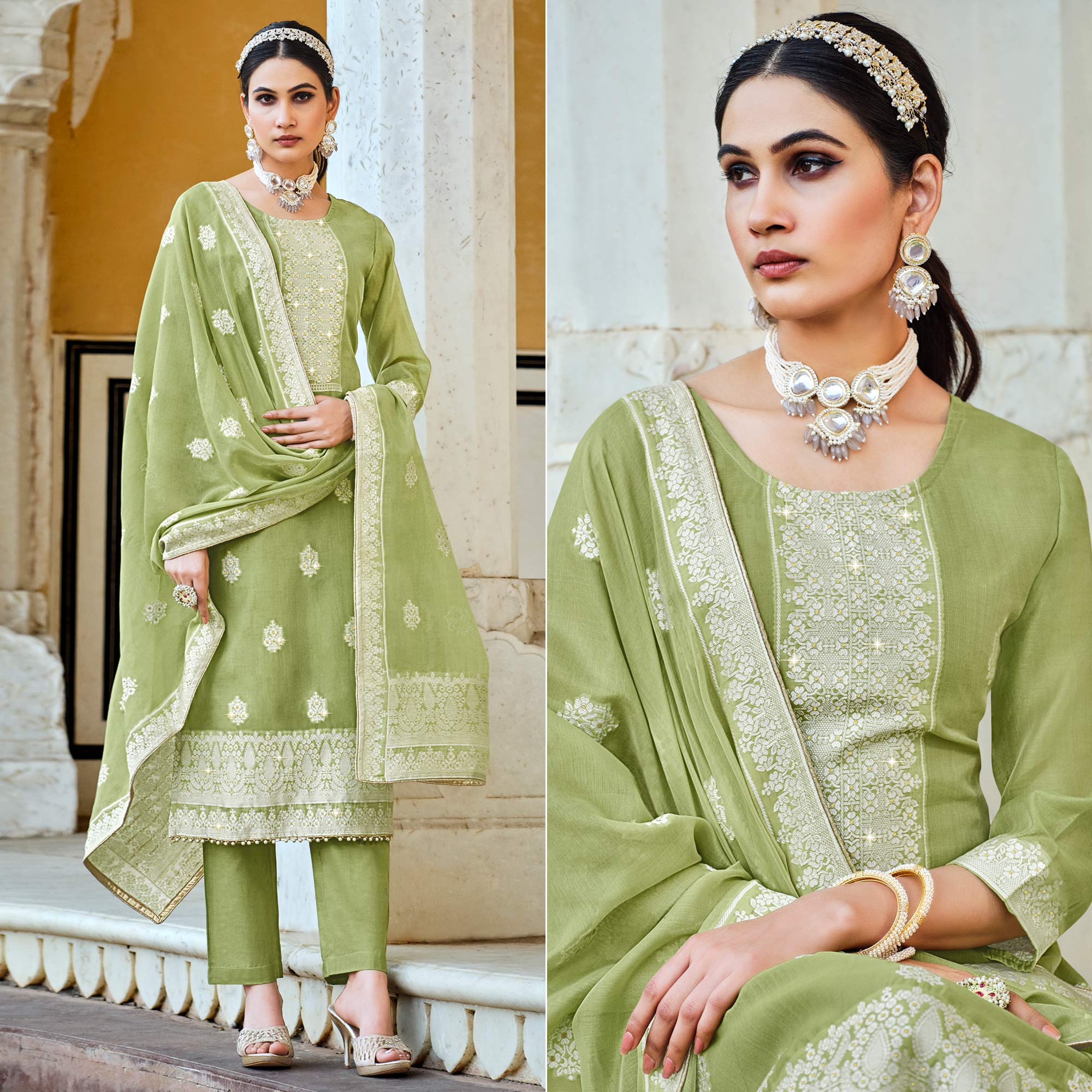 Green Woven Pure Cotton Suit