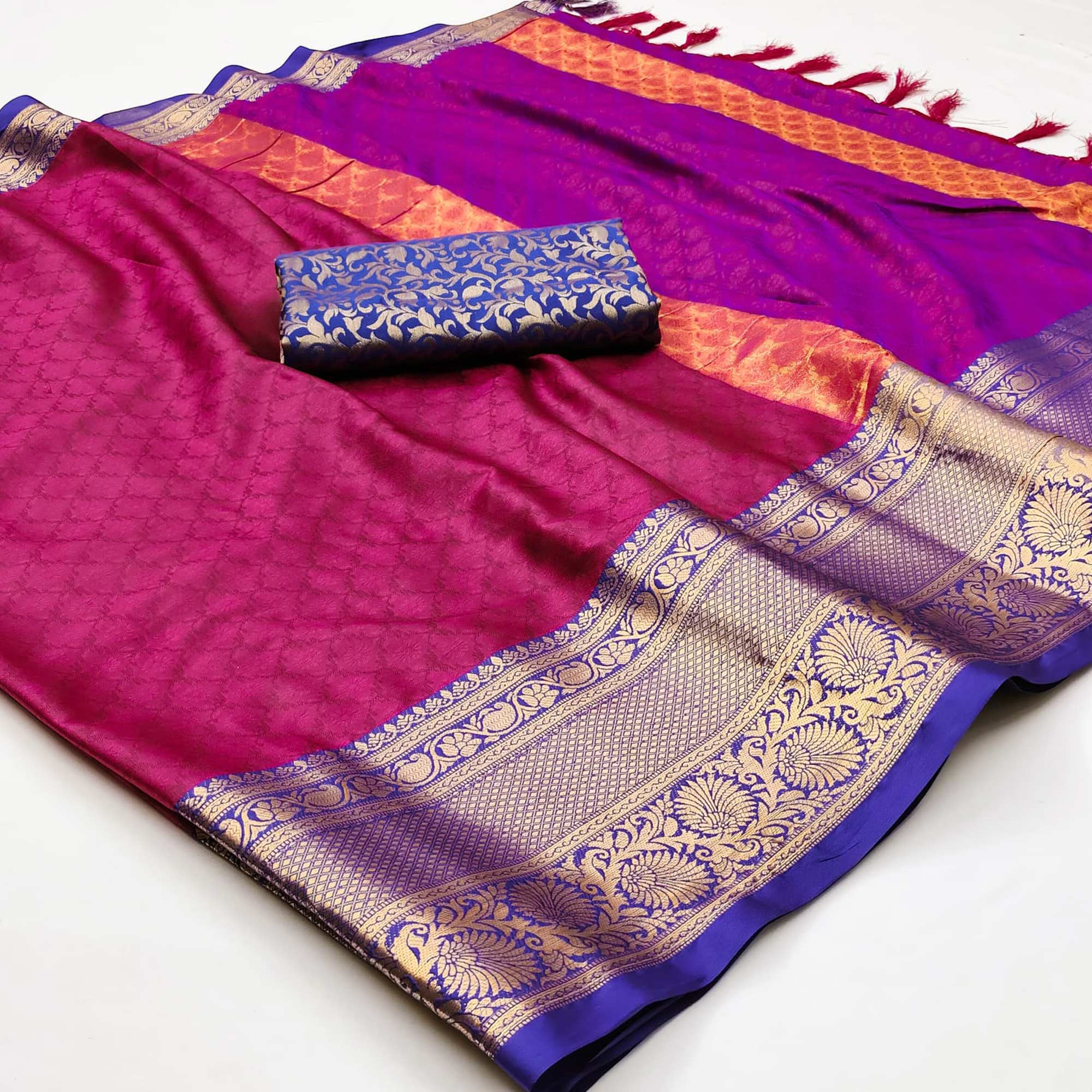 Magenta Pink Printed And Woven Cotton Silk Saree With Tassels