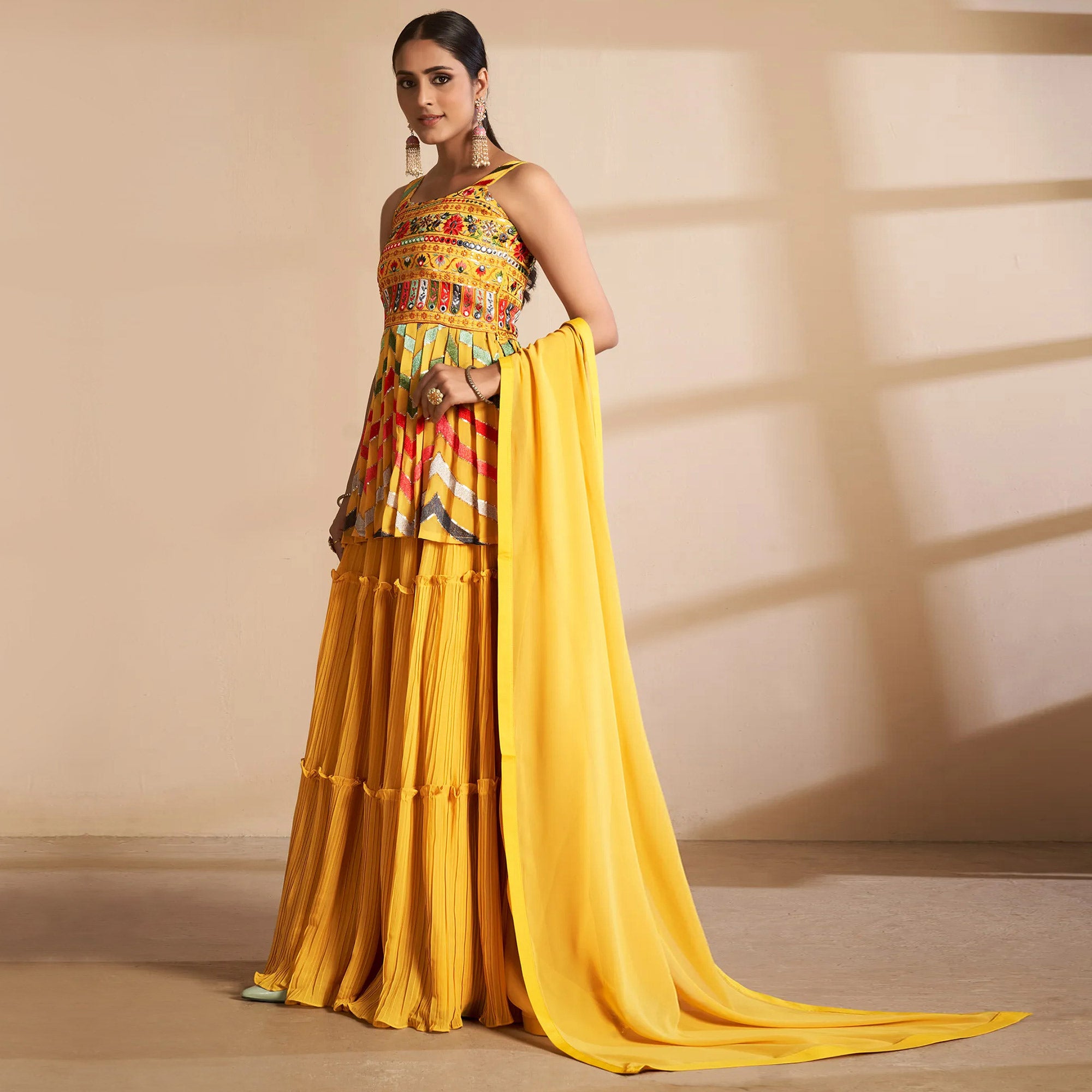 Yellow Floral Embroidered Georgette Sharara Suit