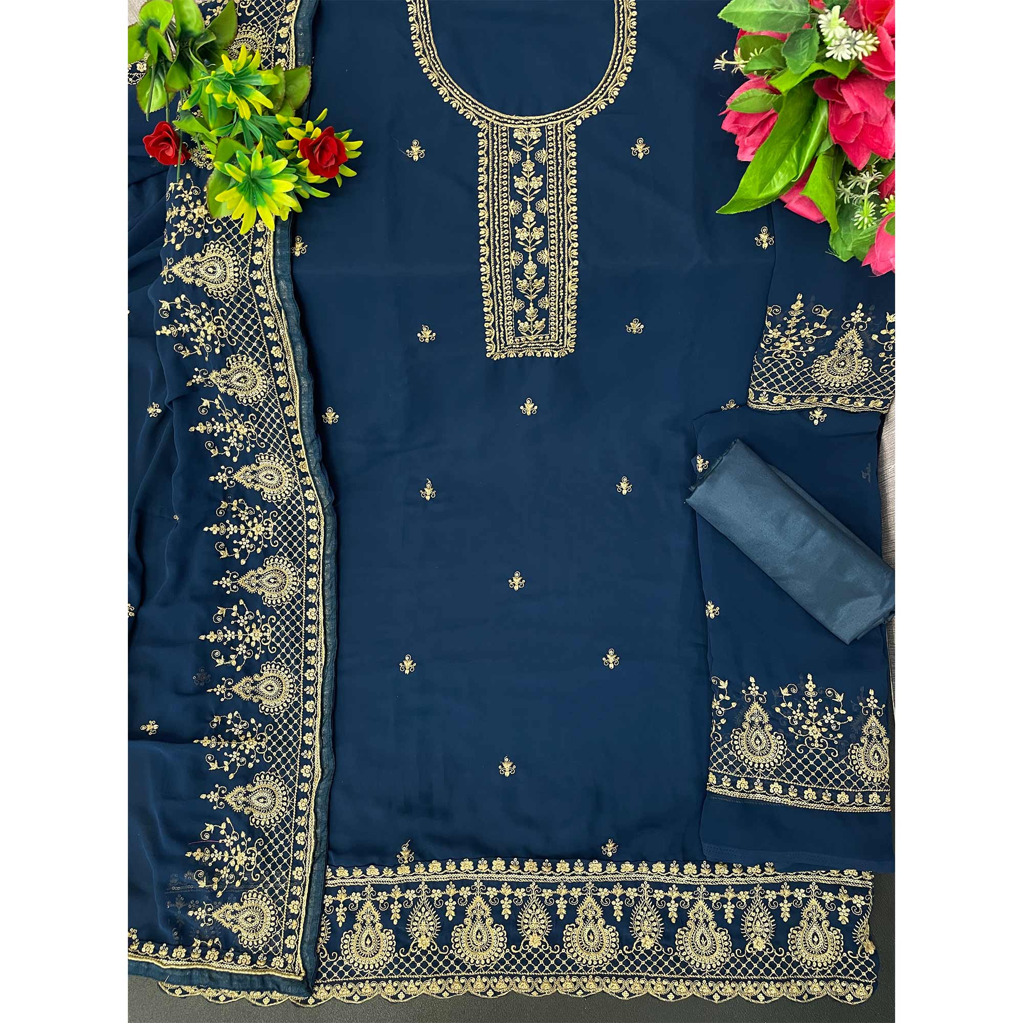 Blue Floral Embroidered Georgette Sharara Suit