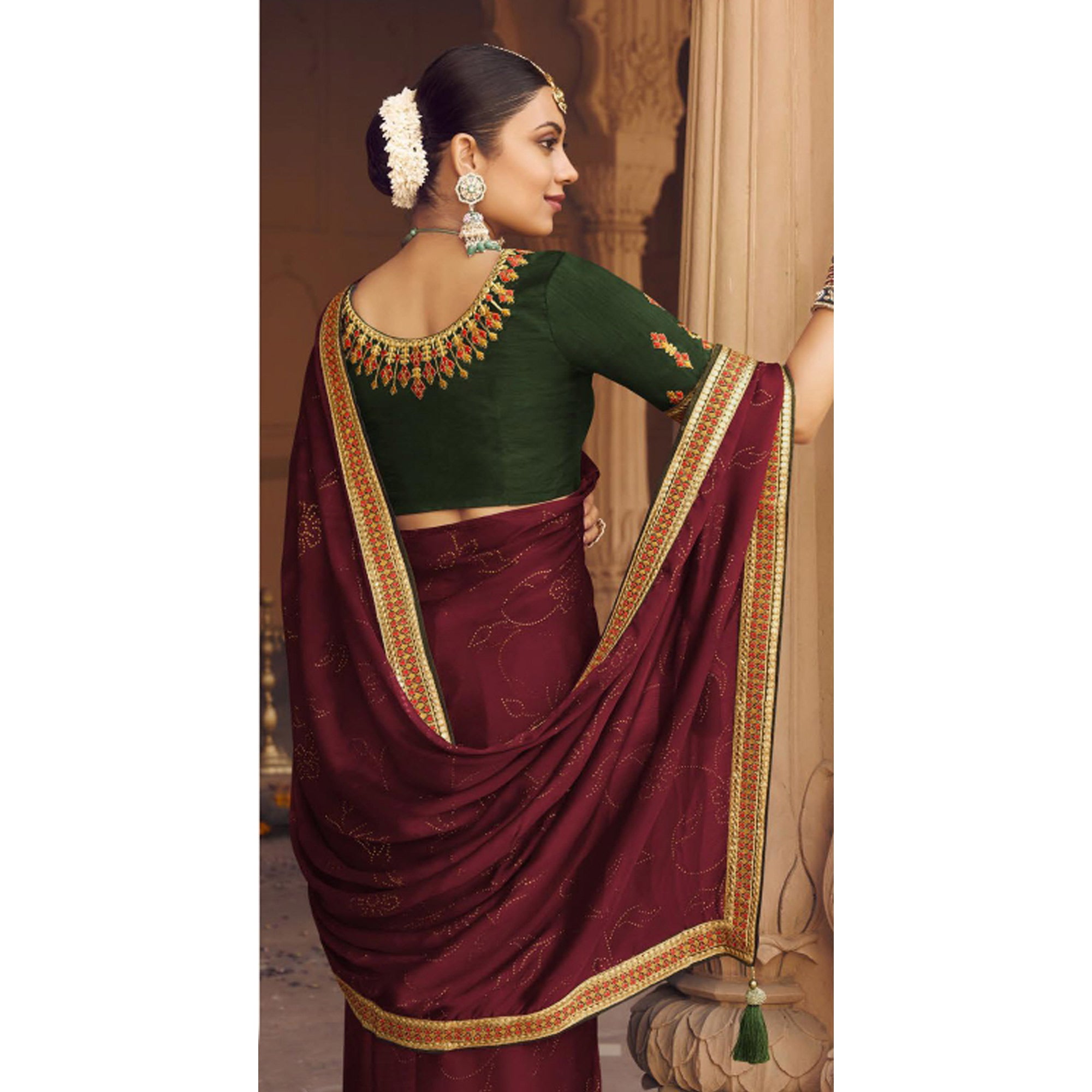 Maroon Embellished With Embroidered Border Satin Saree