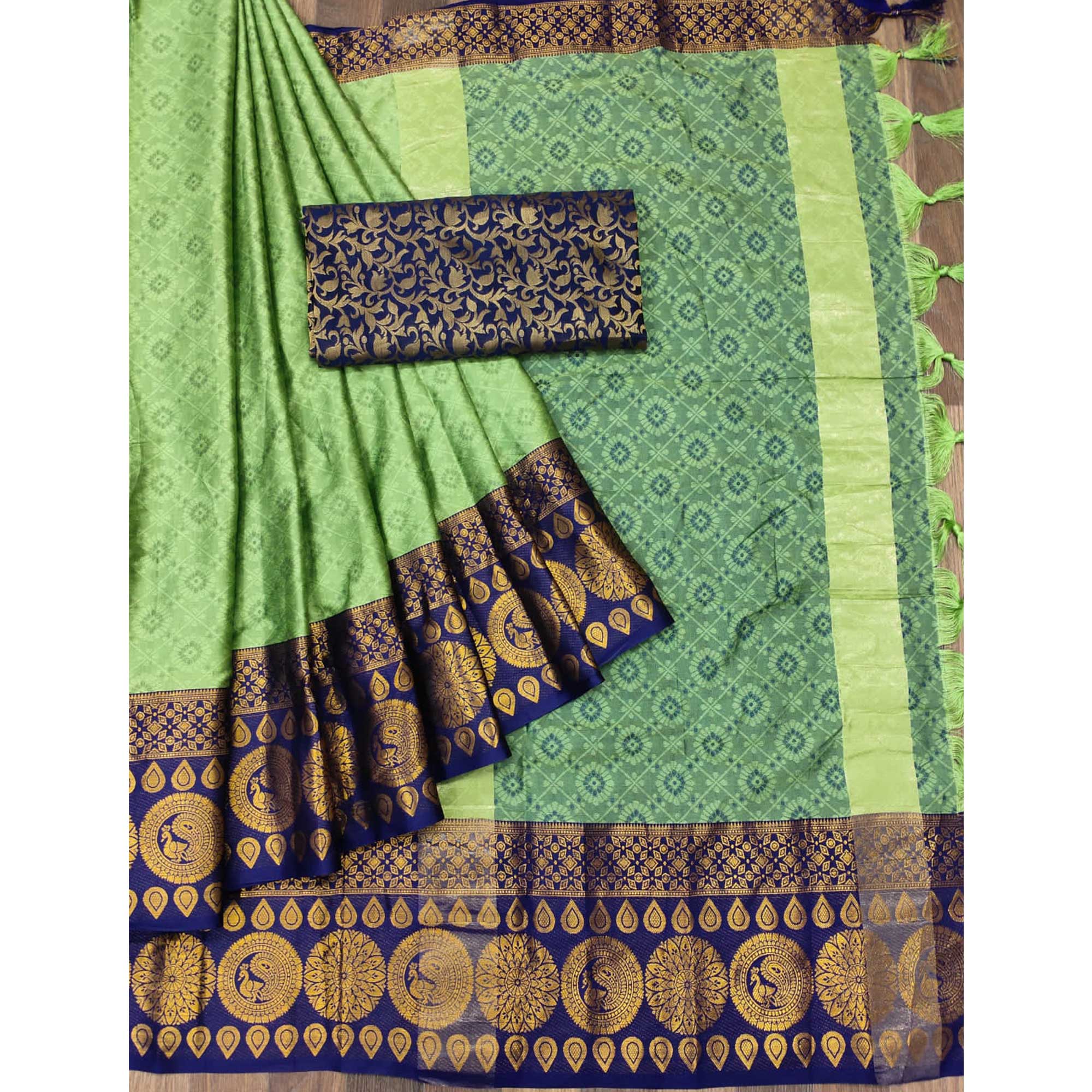 Pista Green Woven Cotton Silk Saree With Tassels