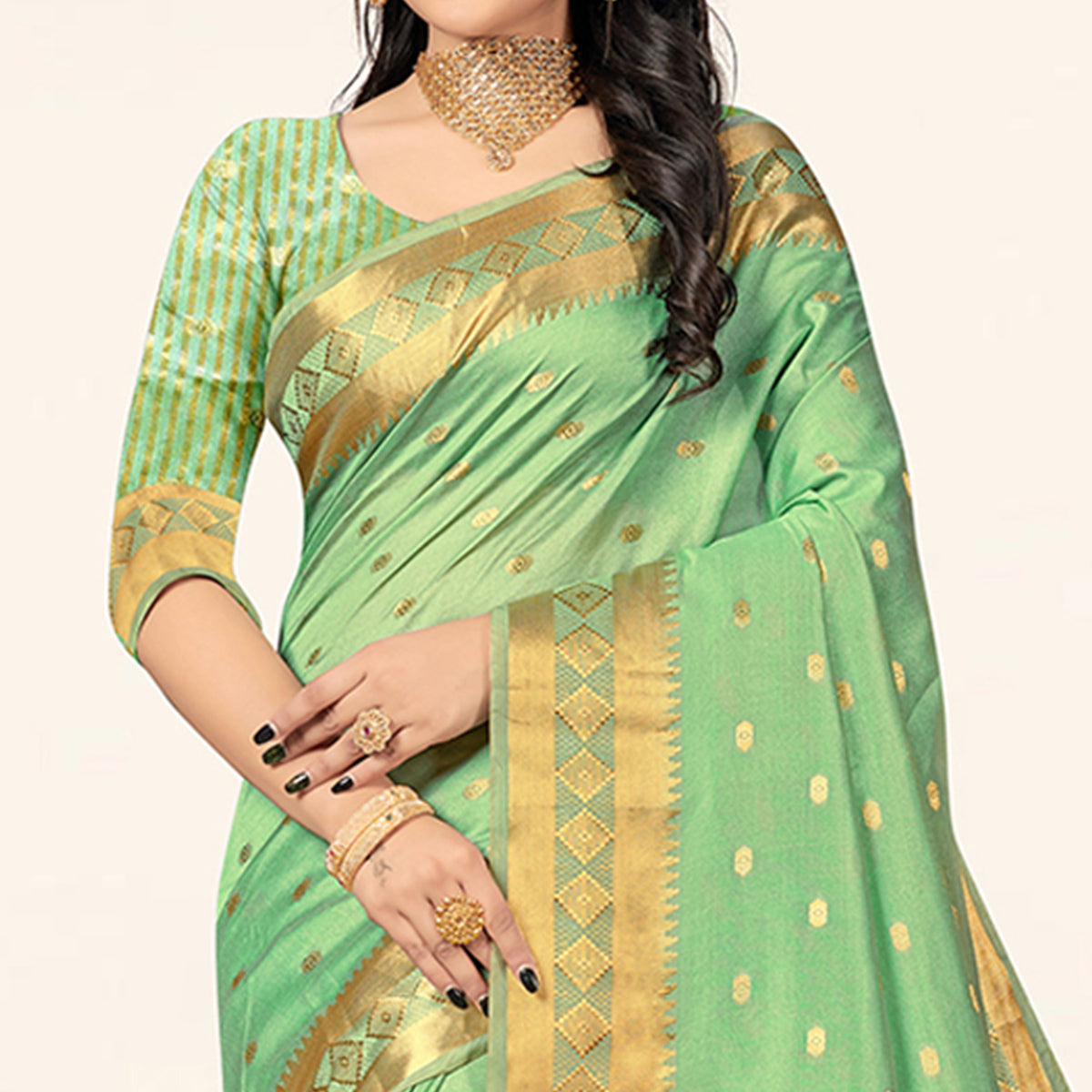 Pista Green Woven Assam Silk Saree With Tassels