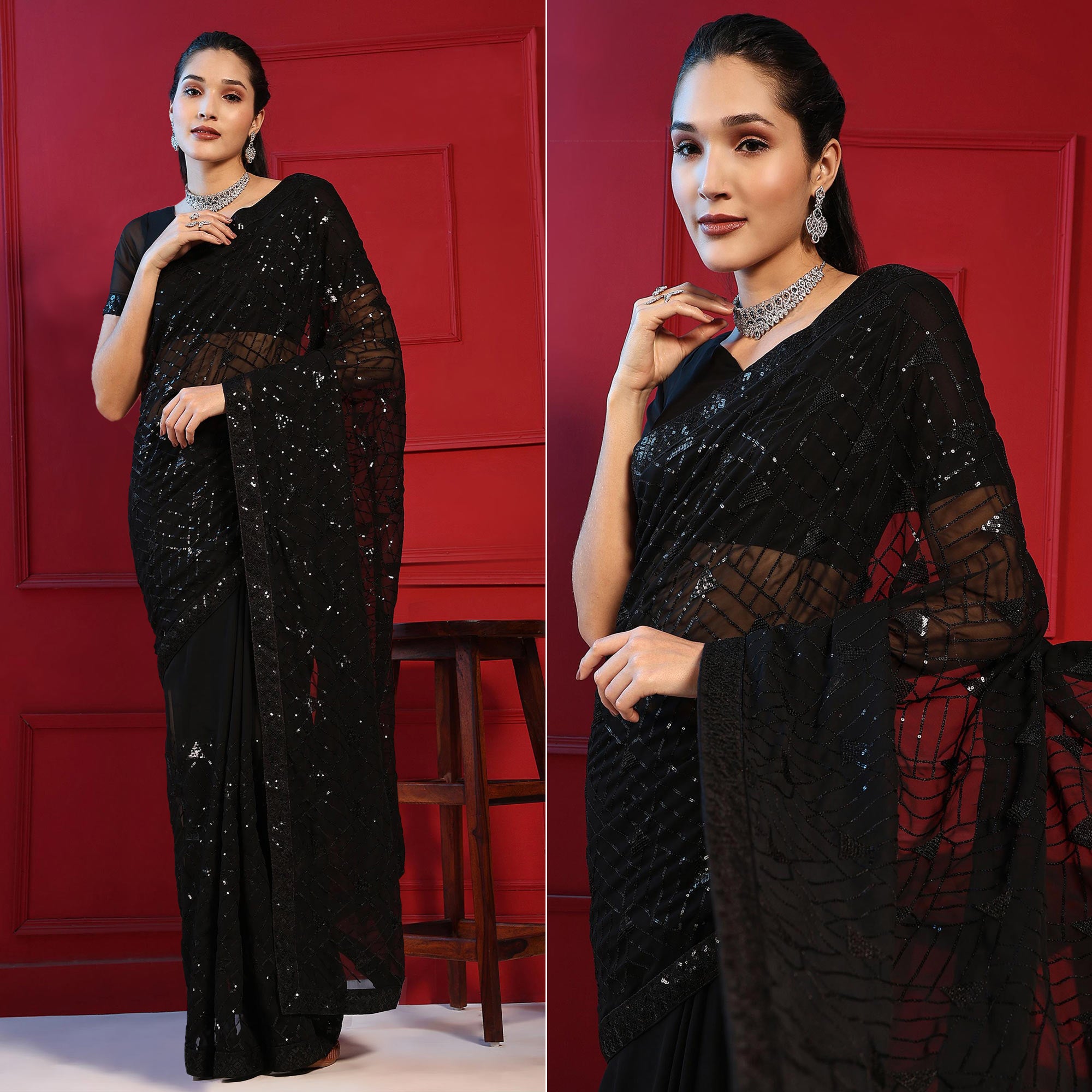 Black Sequins Embroidered Georgette Saree