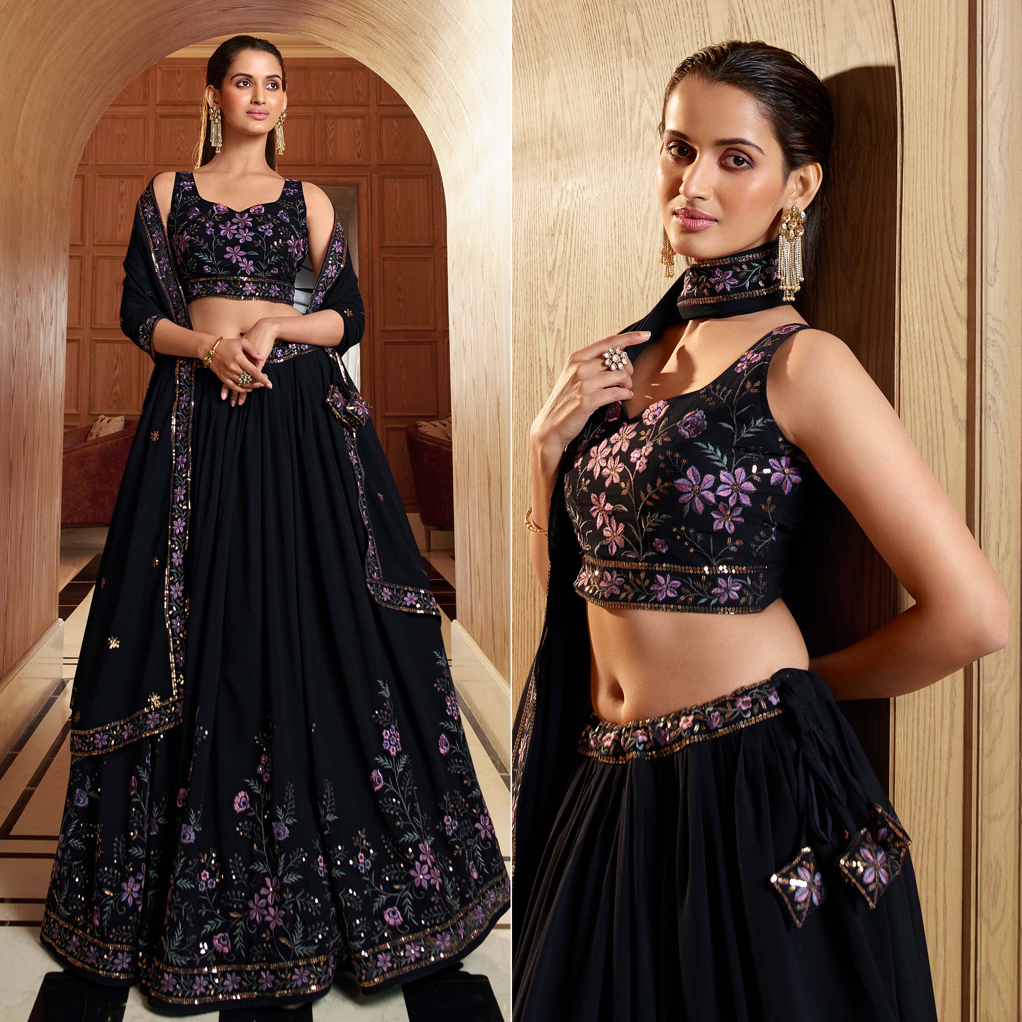 Navy Blue Sequins Embroidered Georgette Lehenga Choli
