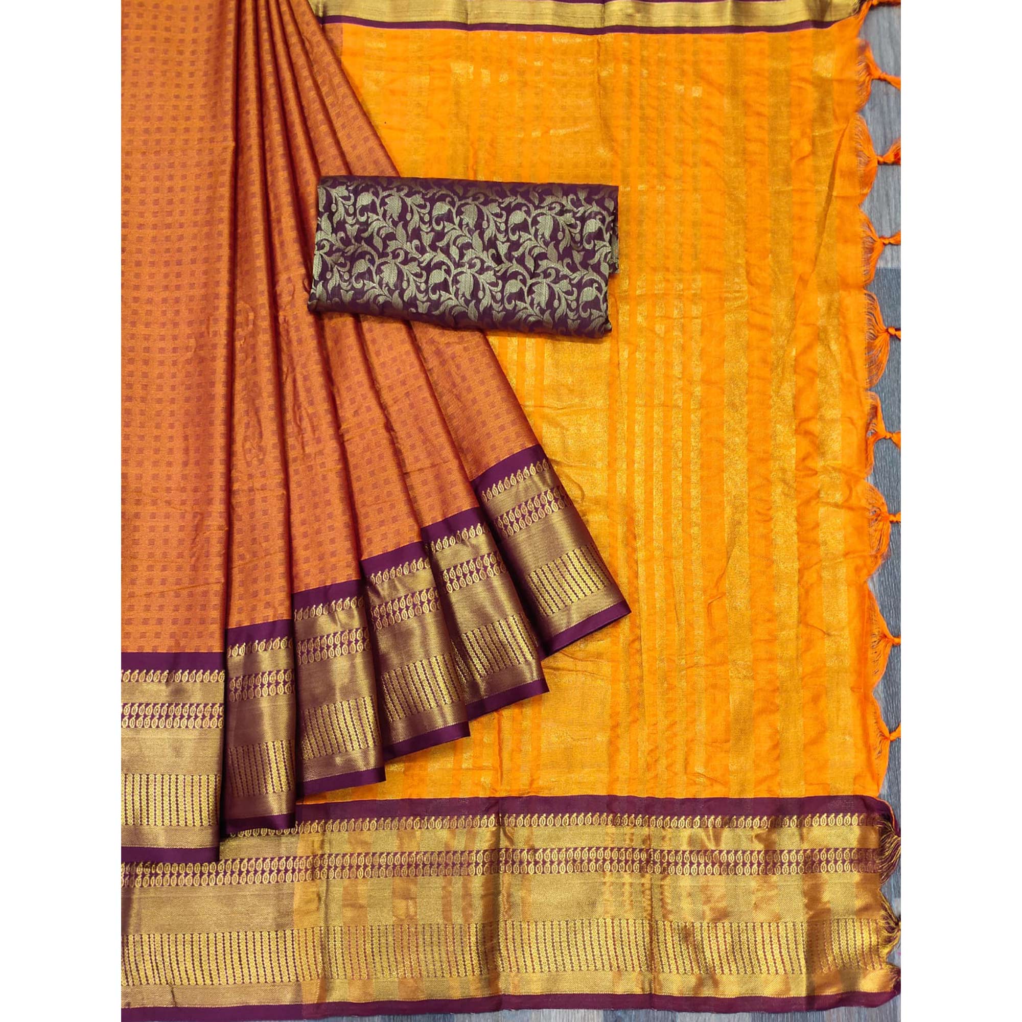 Orange Woven Cotton Silk Saree With Tassels