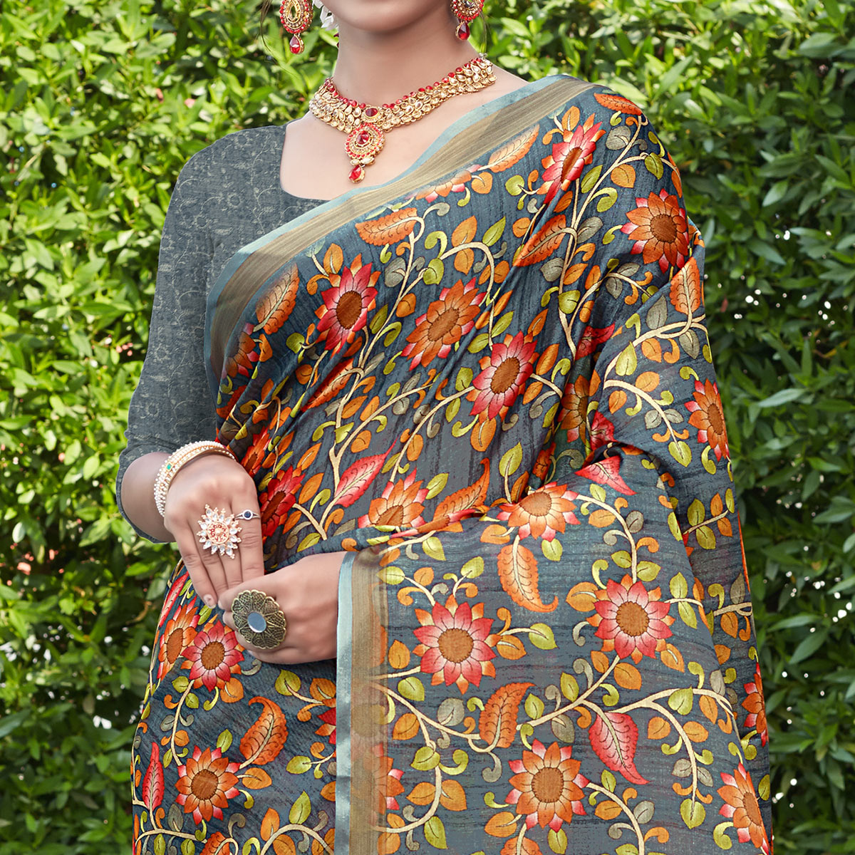 Grey Floral Digital Printed Cotton Silk Saree