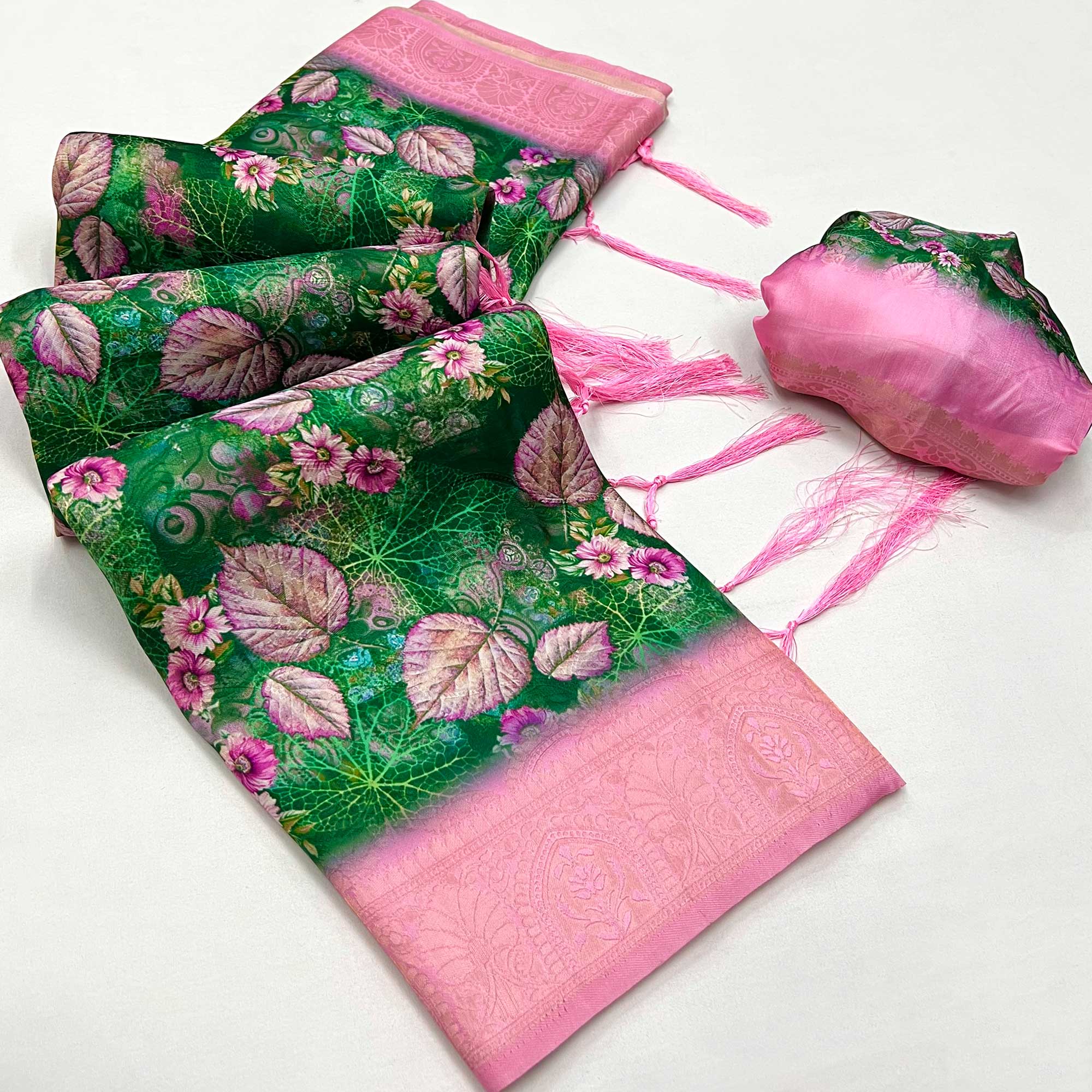 Green & Pink Floral Digital Printed Jacquard Saree