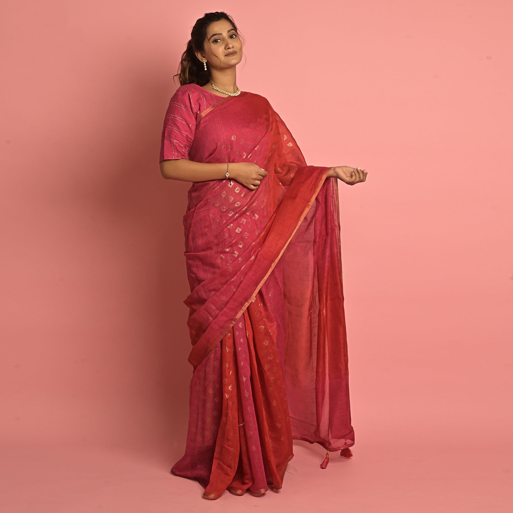 Pink & Red Foil Printed Cotton Blend Saree