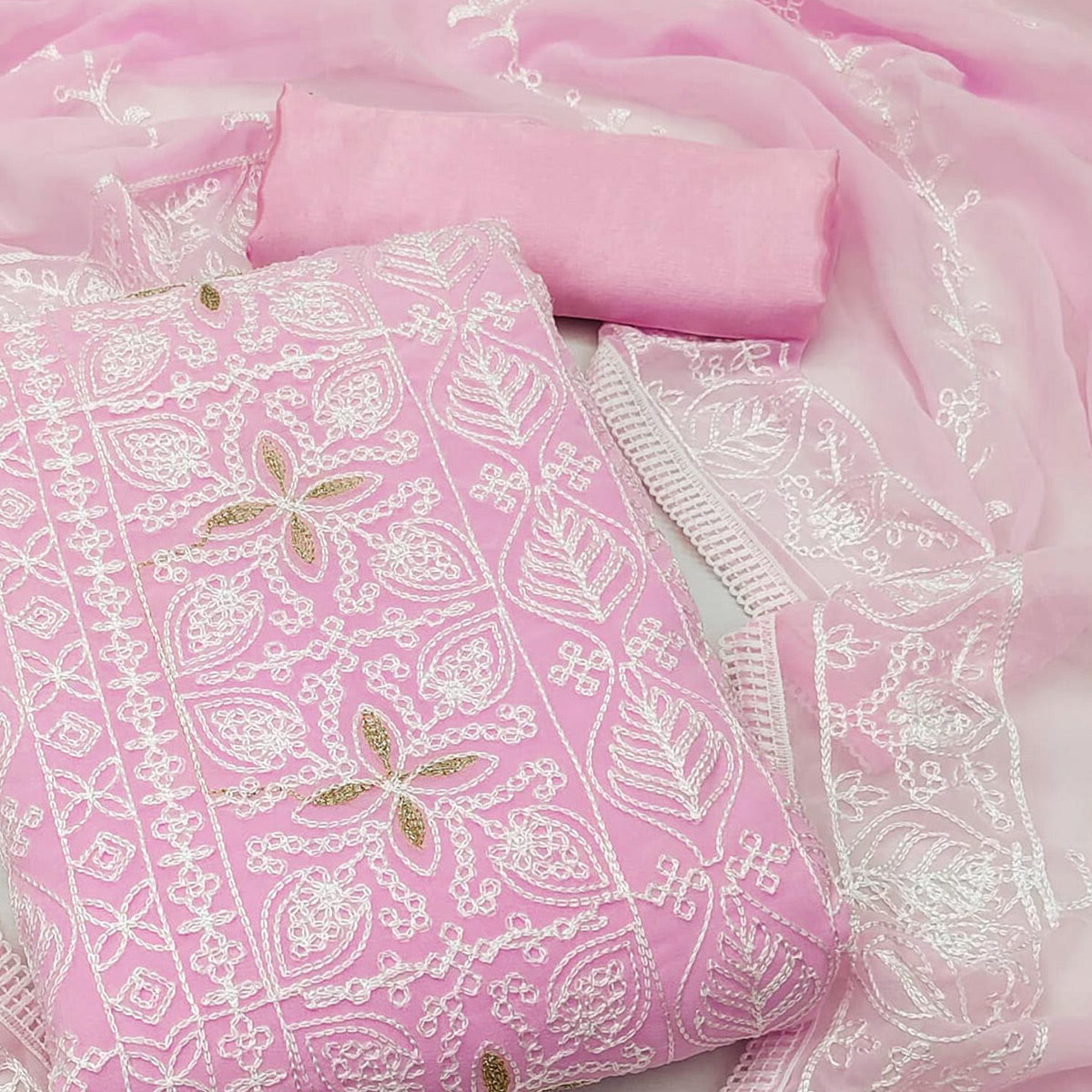 Pink Floral Embroidered Georgette Dress Material
