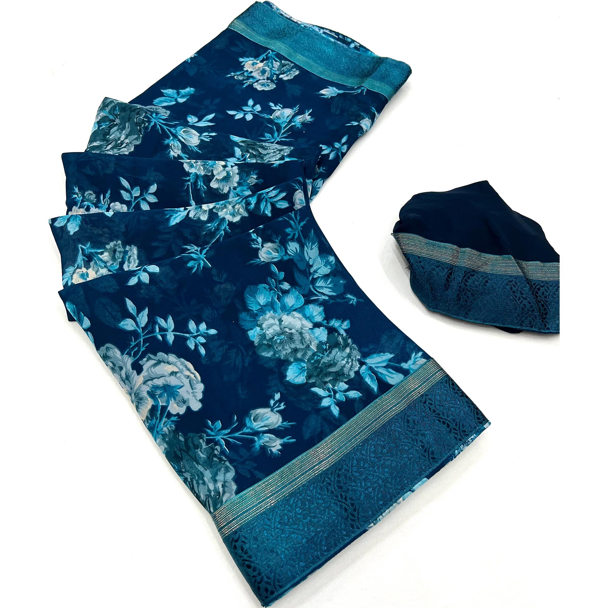 Blue Floral Printed Georgette Saree