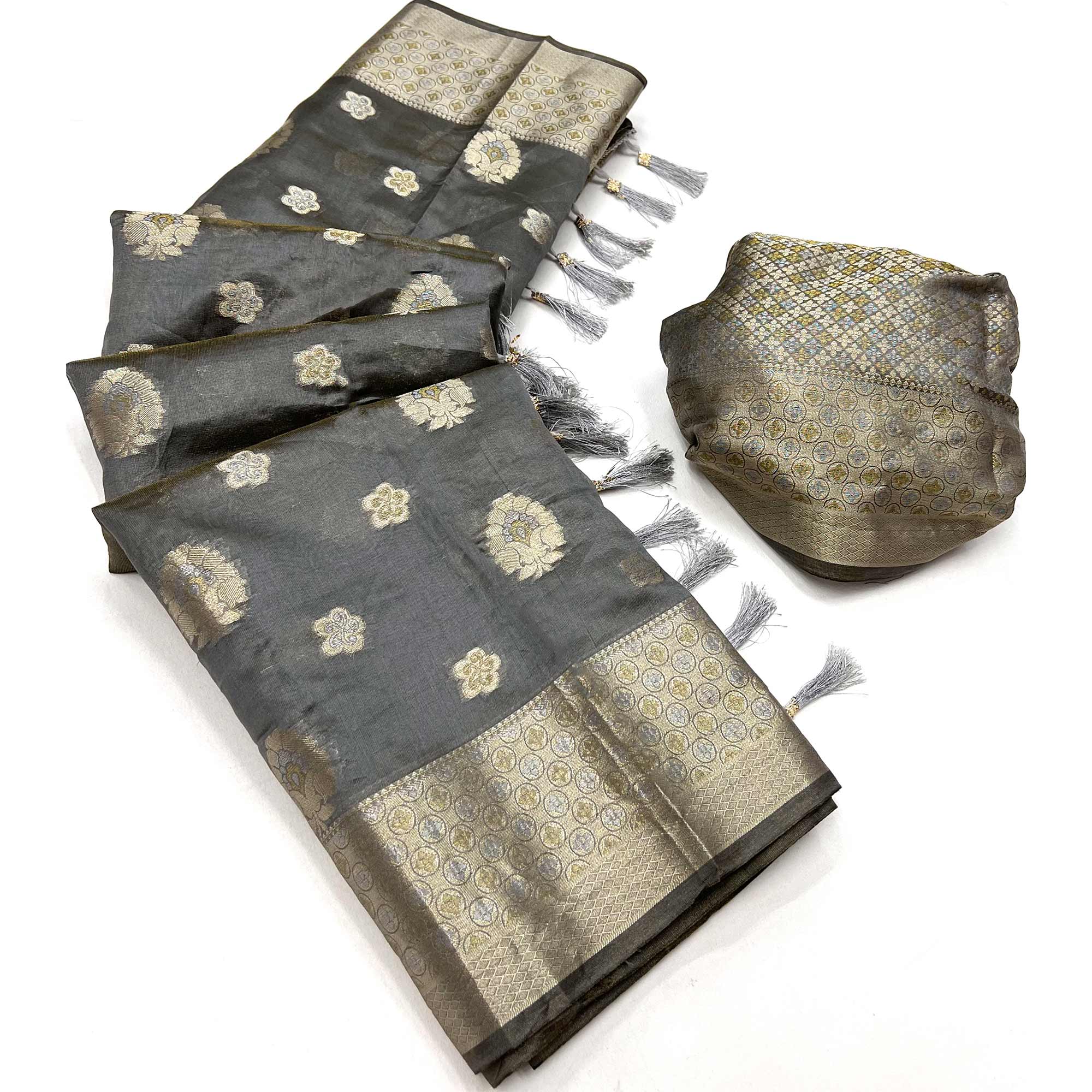 Grey Floral Woven Organza Saree