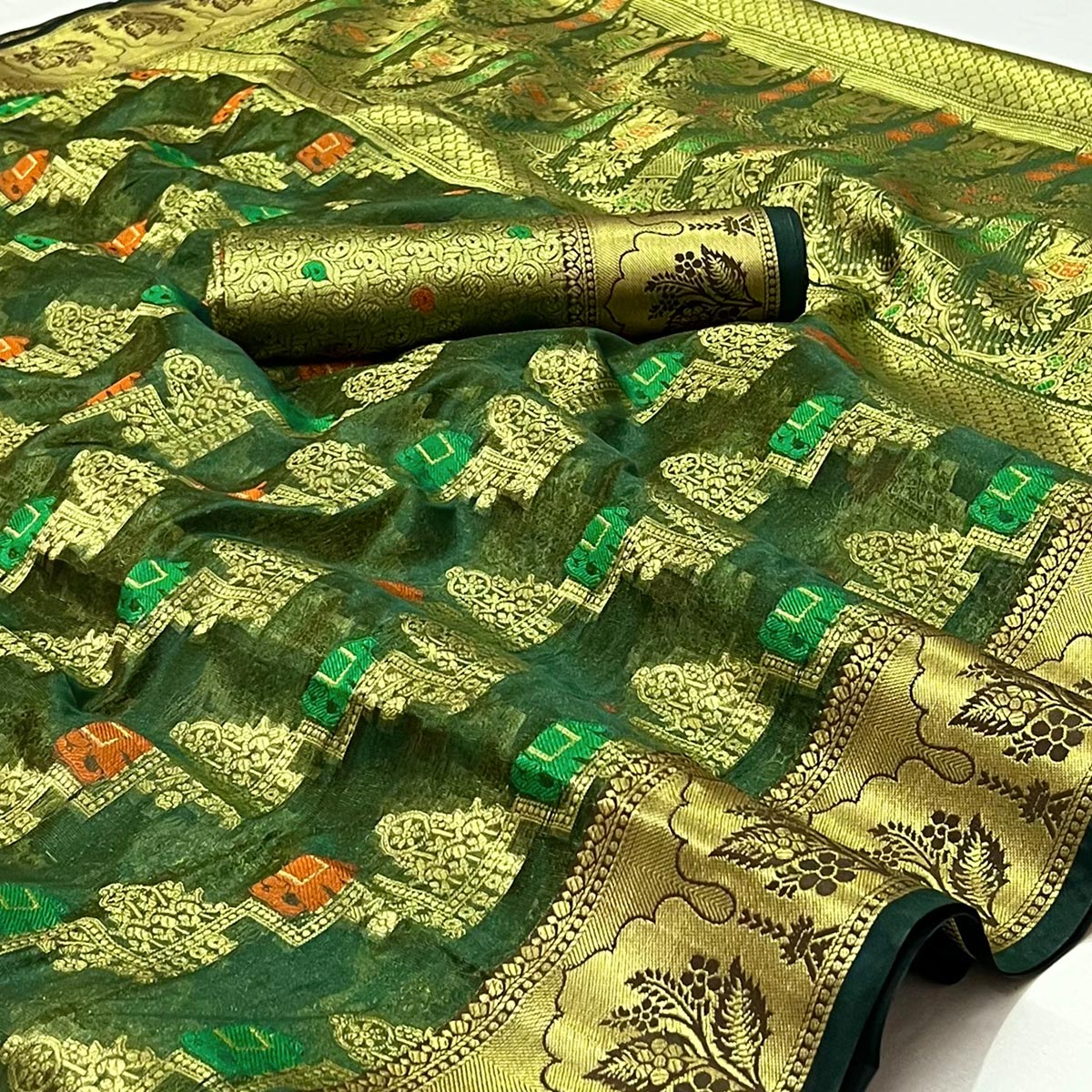 Dark Green Woven Organza Saree