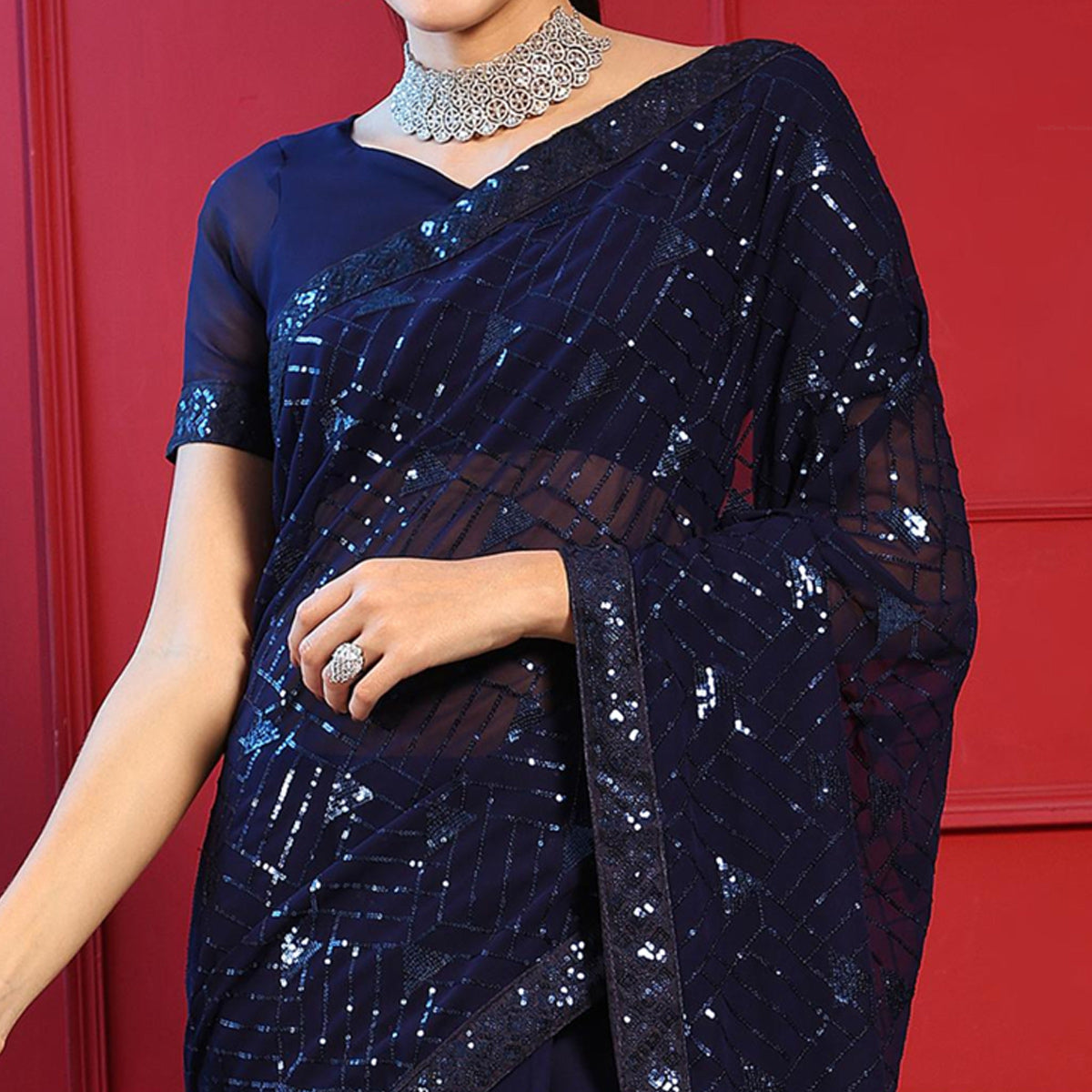 Blue Sequins Embroidered Georgette Saree