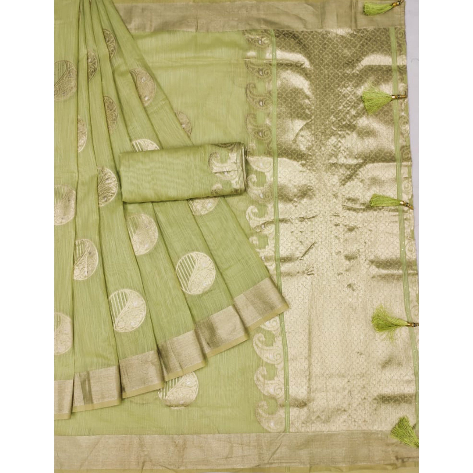 Green Woven Art Silk Saree With Tassels