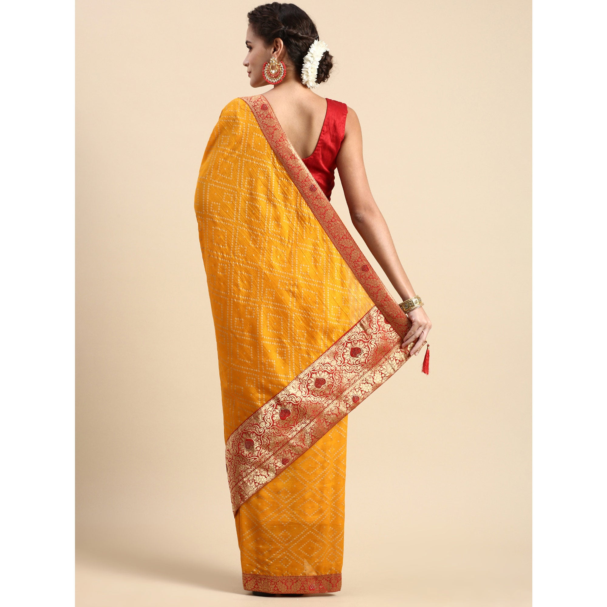 Yellow Foil Printed With Swarovski Vichitra Silk Saree