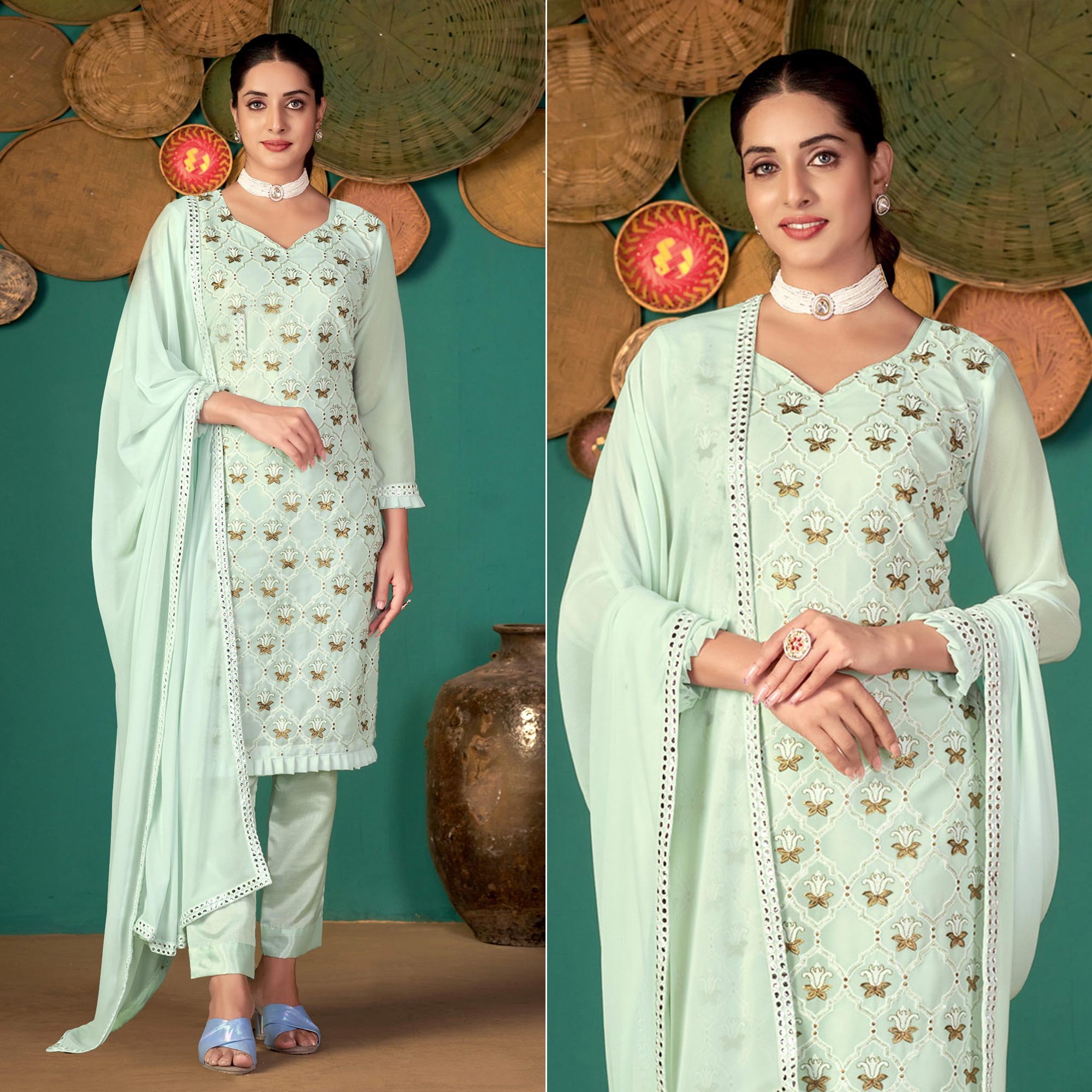 Pastel Green Floral Embroidered Georgette Suit