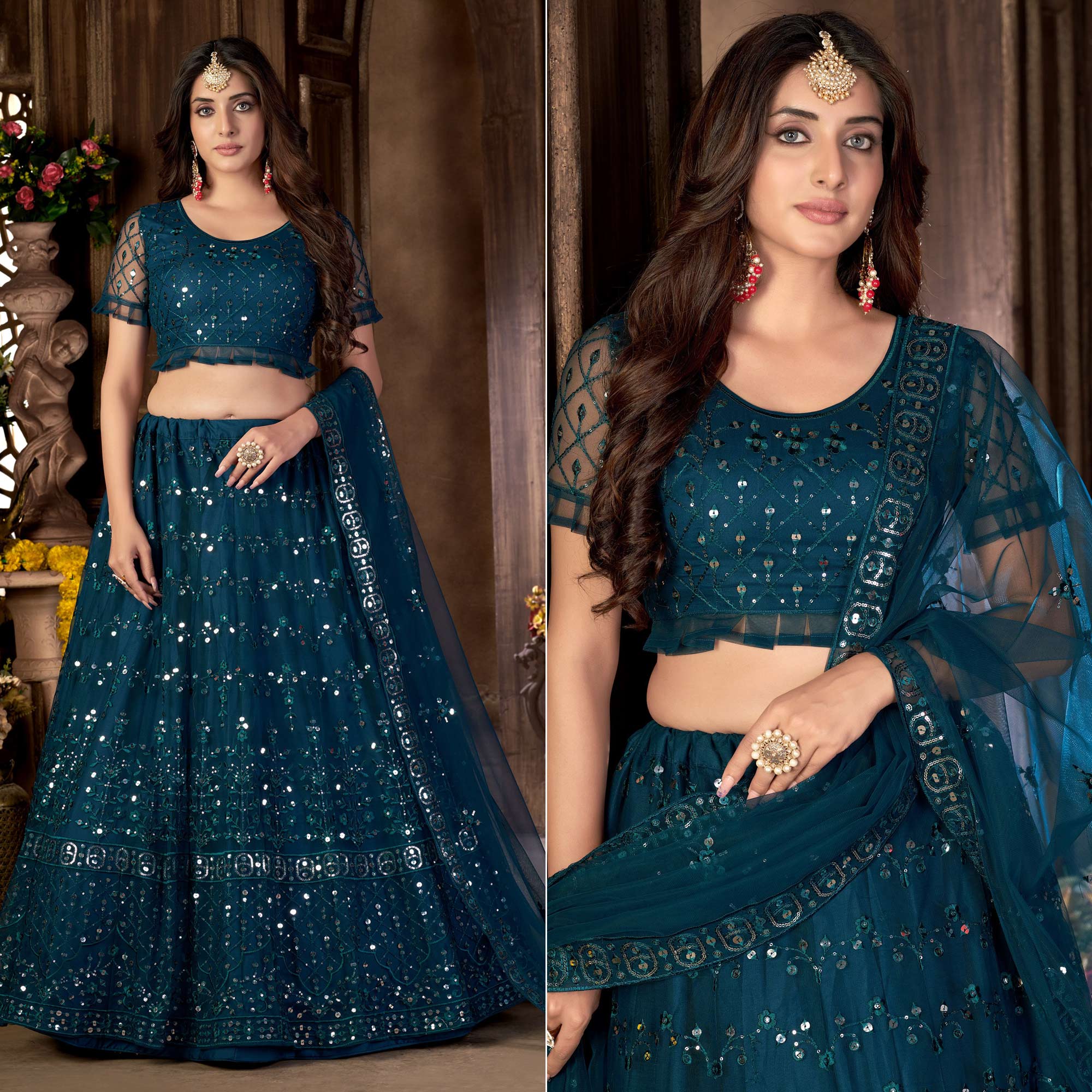 Teal Blue Sequins Embroidered Netted Lehenga Choli