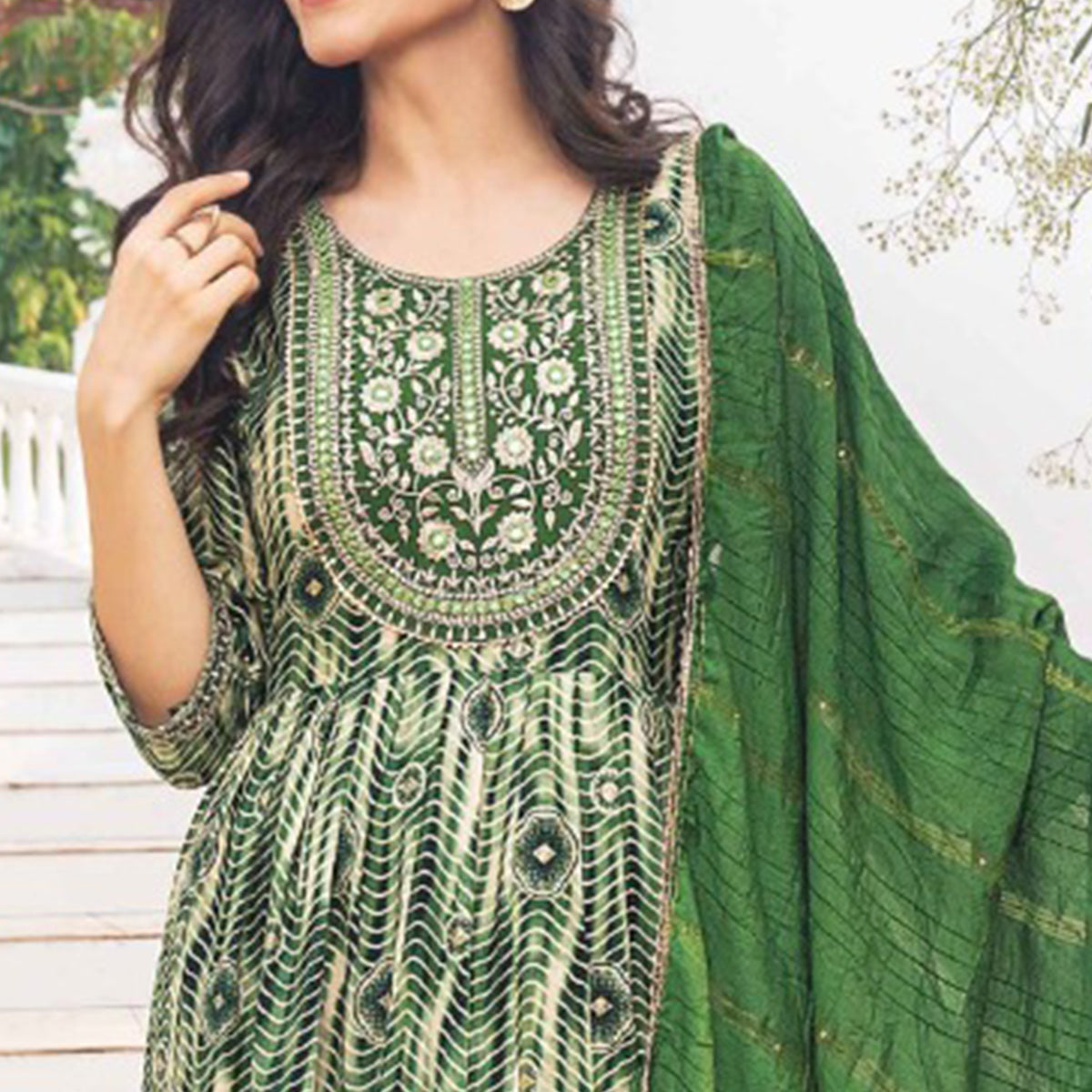 Green Foil Printed Rayon Naira Cut Suit
