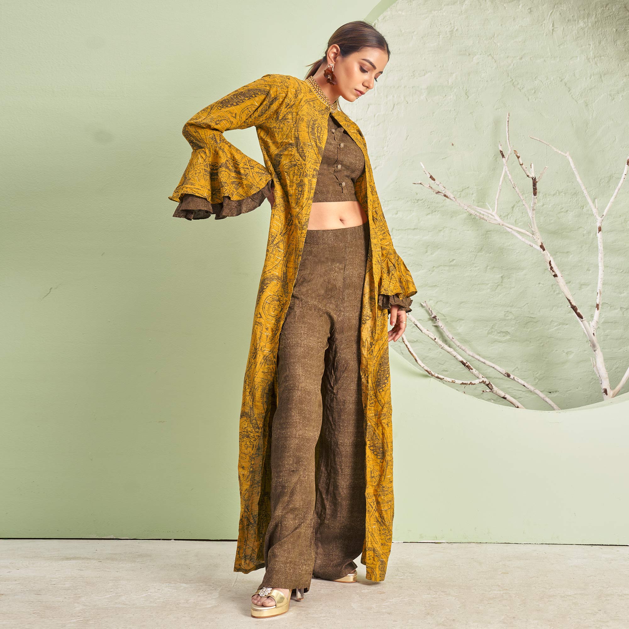 Mustard & Brown Printed Rayon Palazzo Suit With Jacket